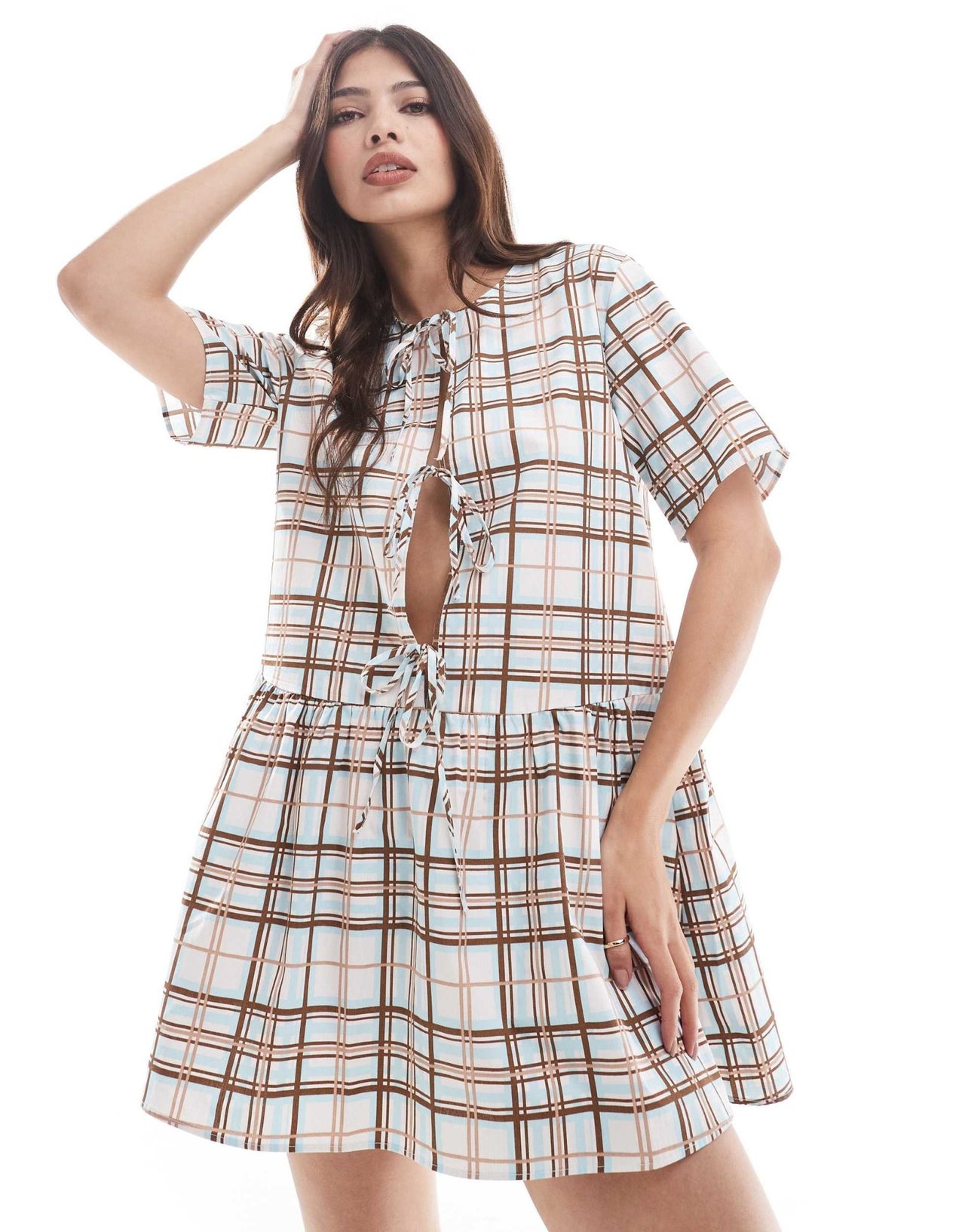 ONLY tie front tiered mini dress in brown check - ASOS Sample Sale