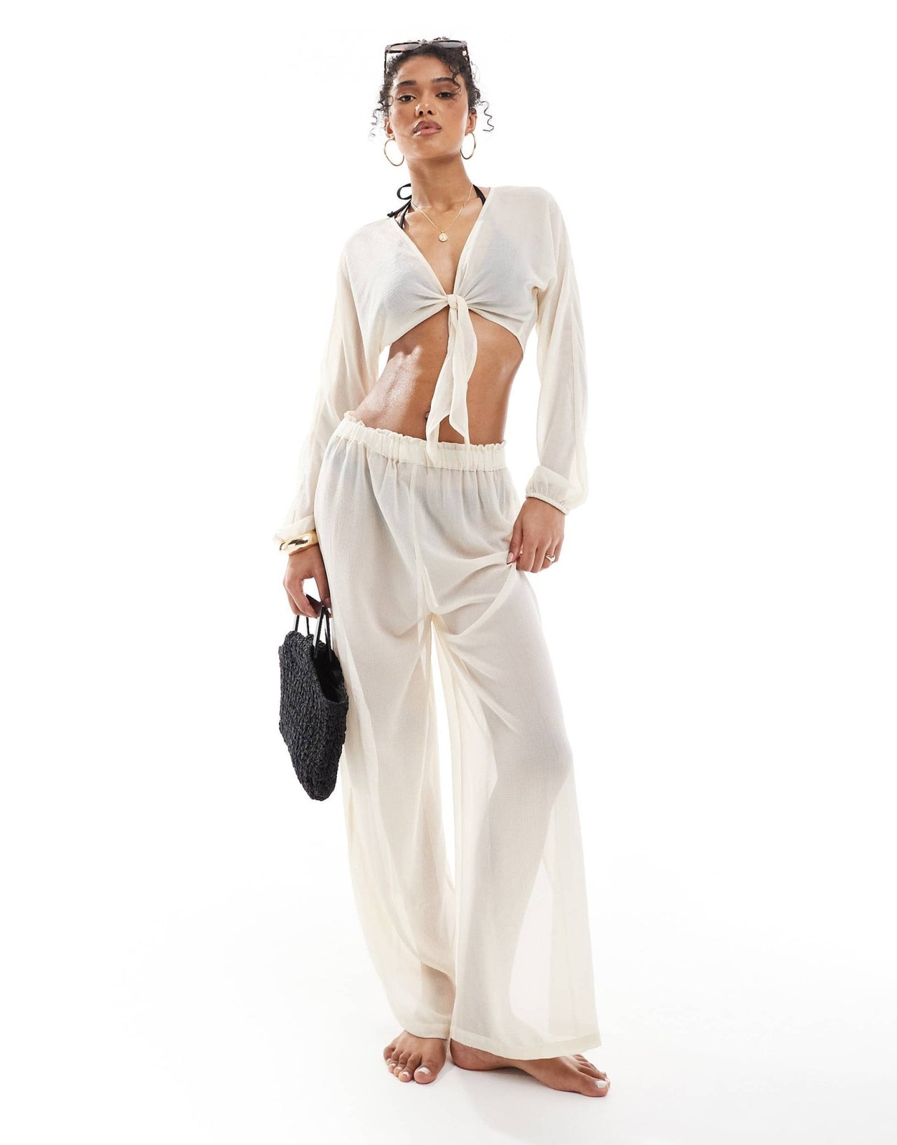 ONLY tie front top and trousers beach set in cream - ASOS Sample Sale
