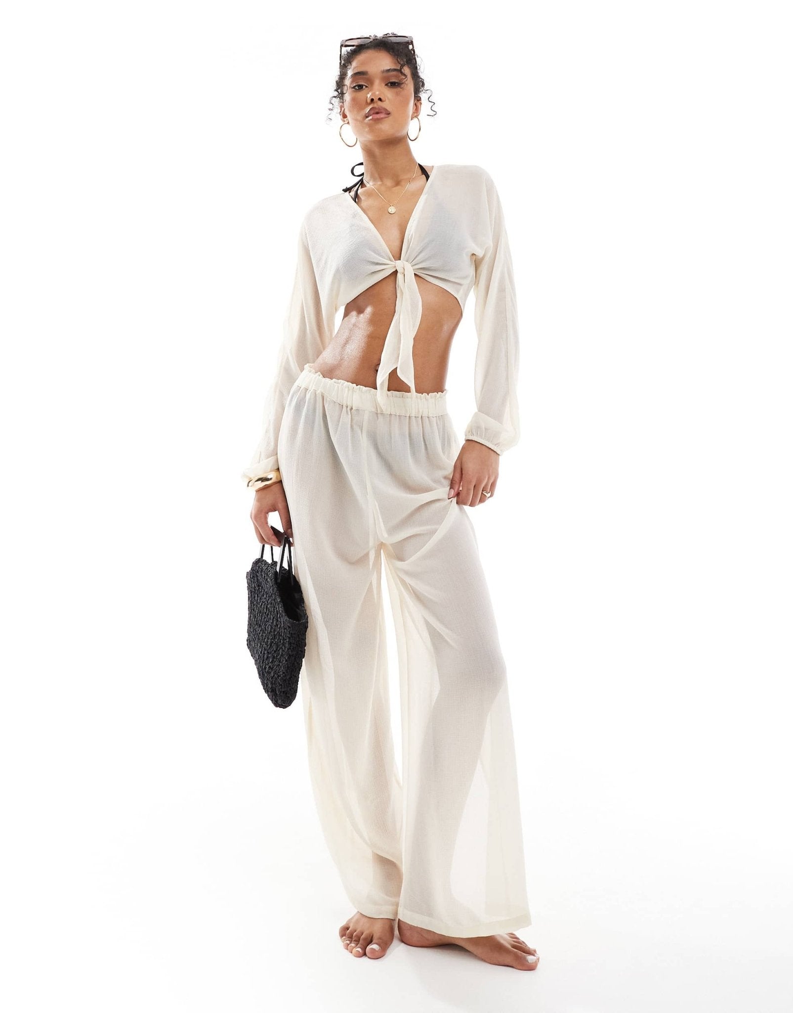 ONLY tie front top and trousers beach set in cream - ASOS Sample Sale