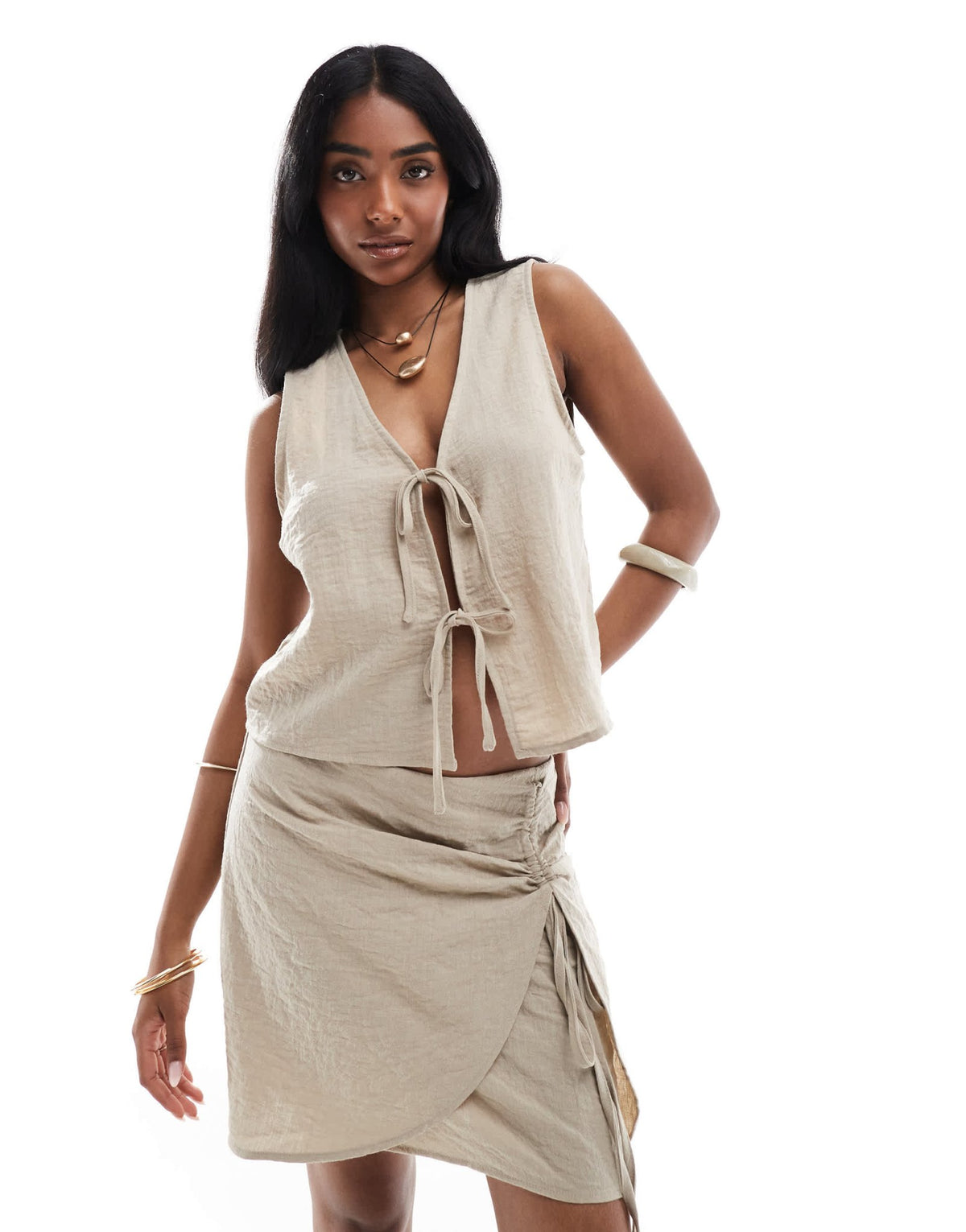 ONLY tie front vest co-ord in beige - ASOS Sample Sale