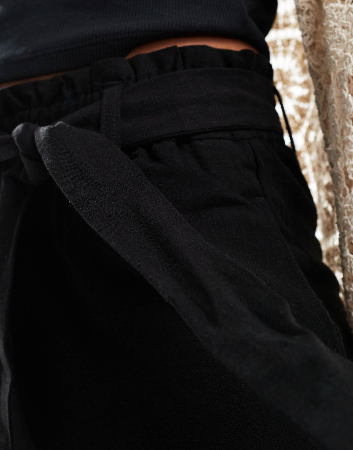 ONLY tie waist wide leg linen trousers in black - ASOS Sample Sale