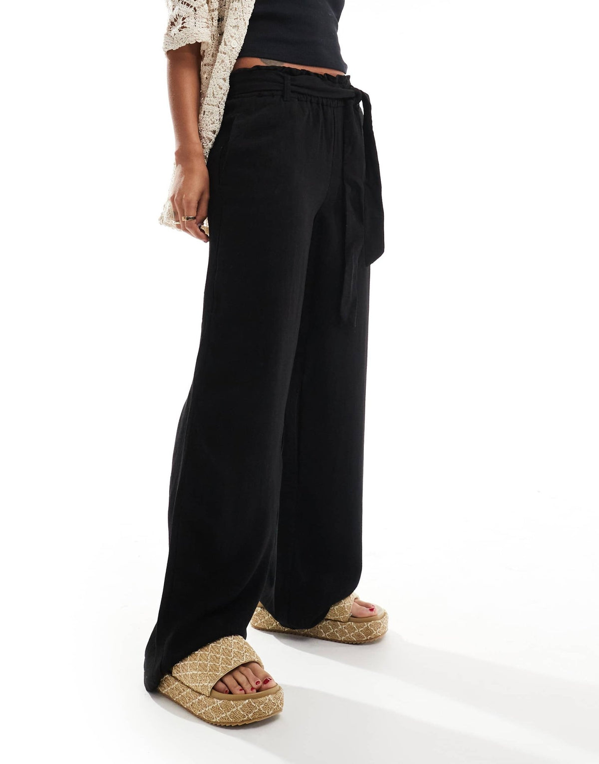 ONLY tie waist wide leg linen trousers in black - ASOS Sample Sale