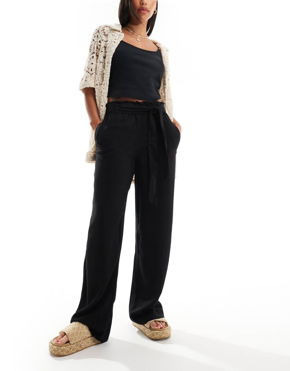 ONLY tie waist wide leg linen trousers in black - ASOS Sample Sale