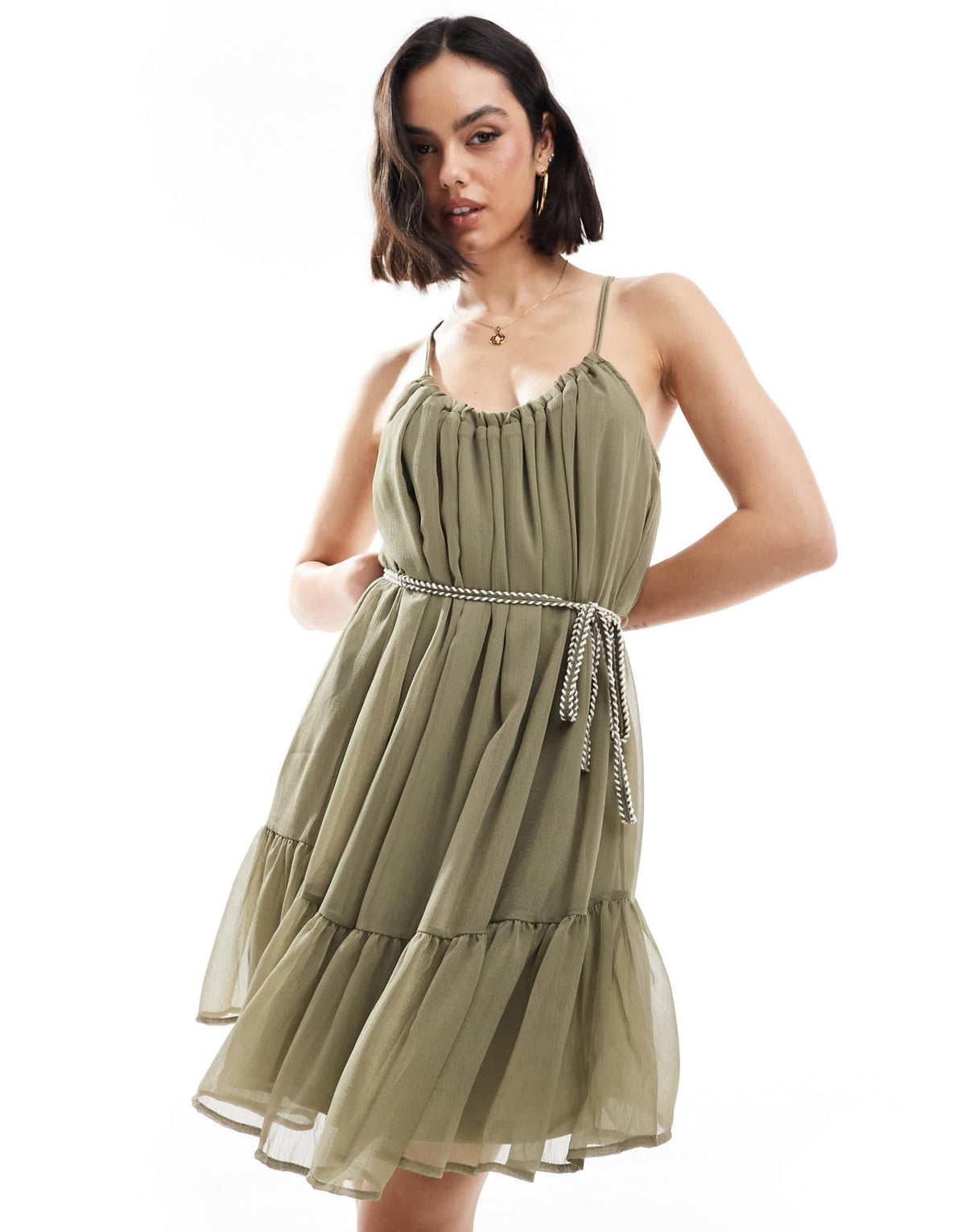 ONLY tiered cami mini dress with tie waist detail in khaki - ASOS Sample Sale