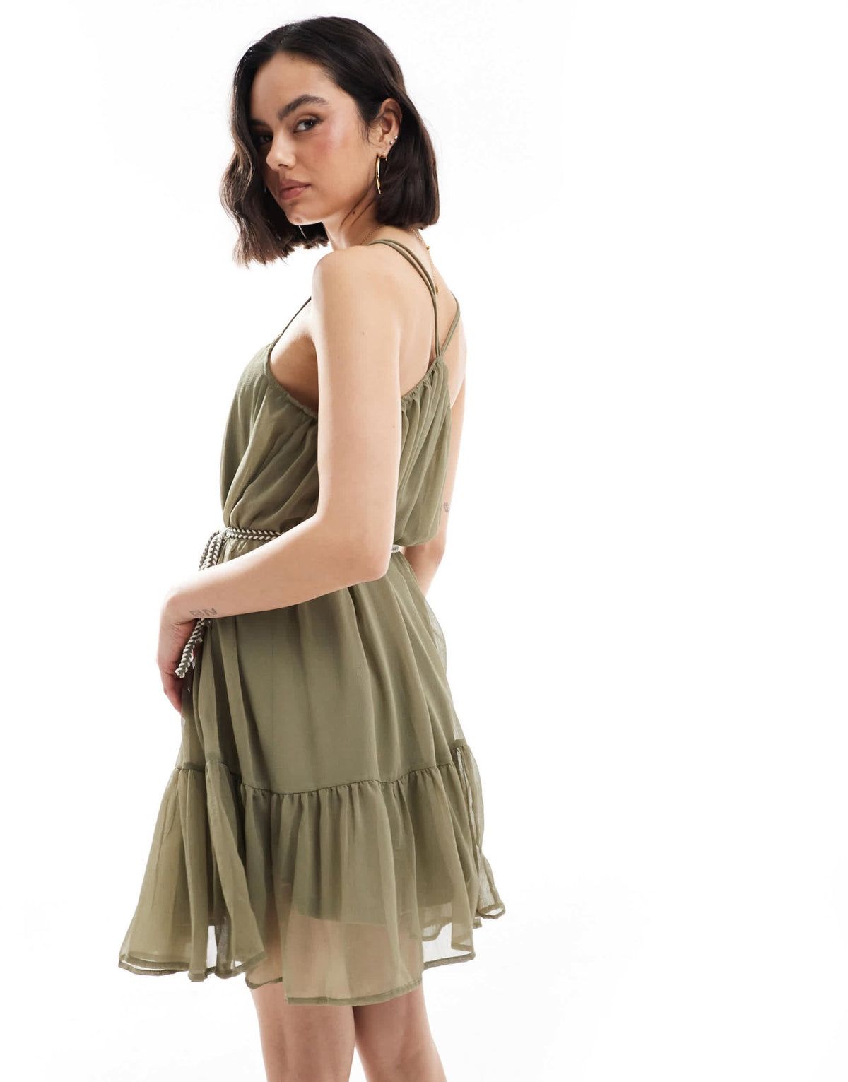 ONLY tiered cami mini dress with tie waist detail in khaki - ASOS Sample Sale