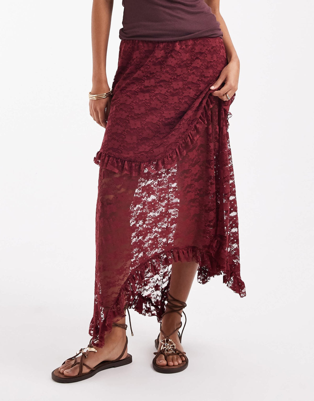 ONLY tiered lace maxi skirt in burgundy - ASOS Sample Sale