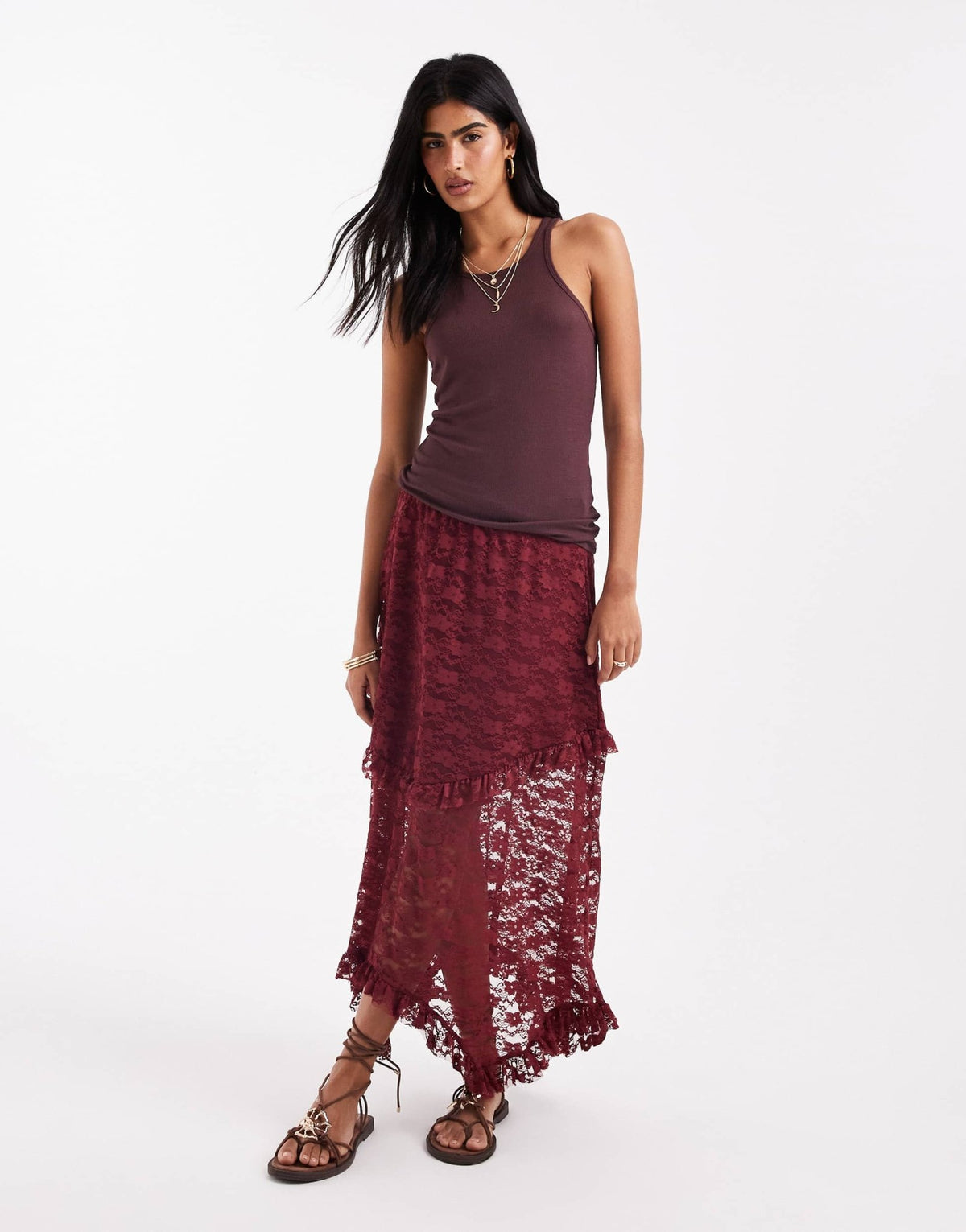 ONLY tiered lace maxi skirt in burgundy - ASOS Sample Sale