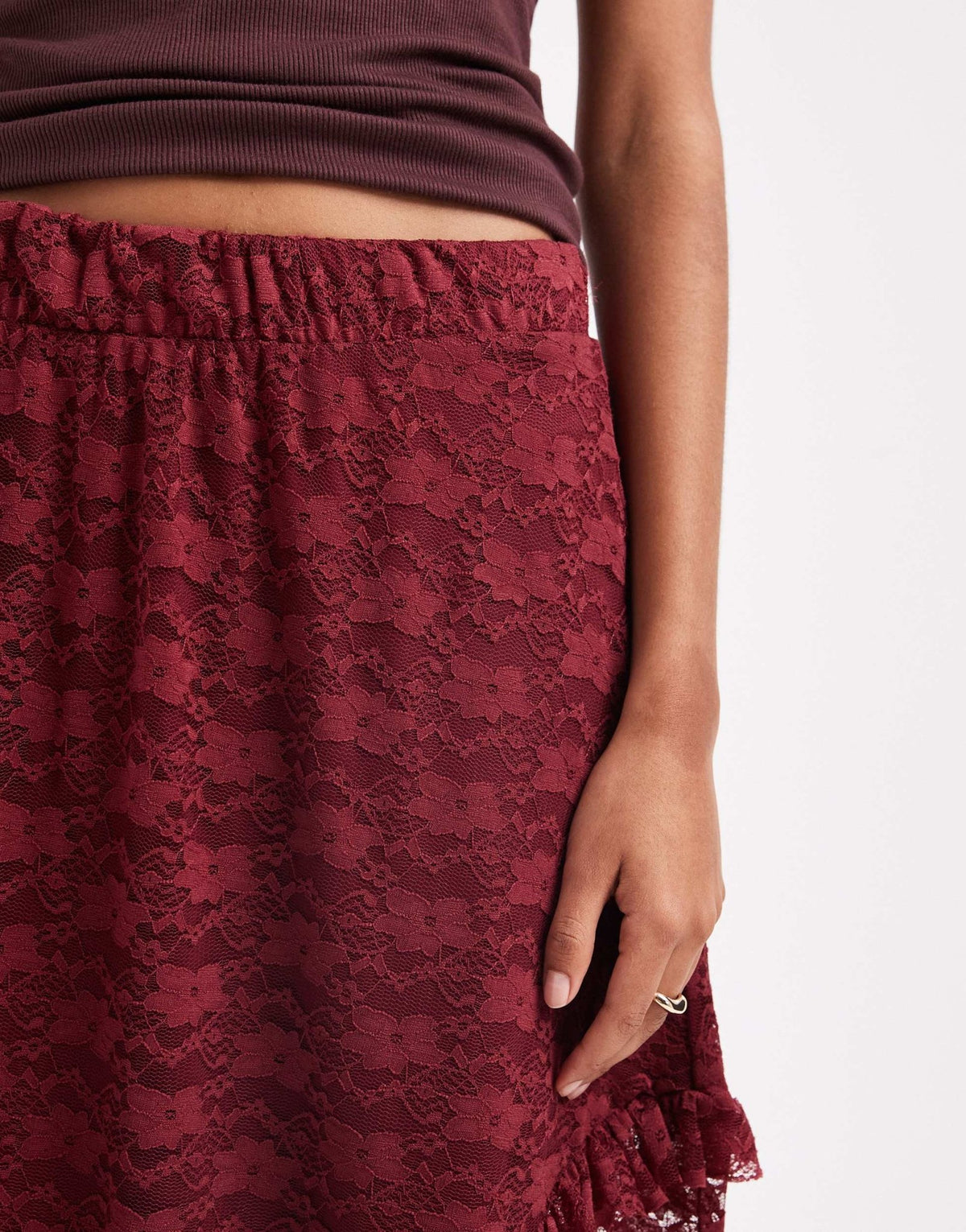 ONLY tiered lace maxi skirt in burgundy - ASOS Sample Sale
