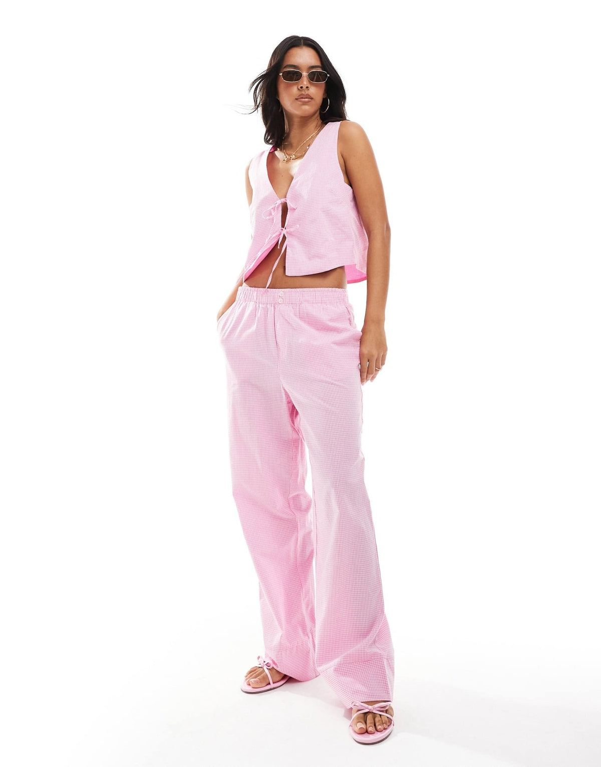 ONLY wide leg boxer detail trousers co-ord in pink gingham - ASOS Sample Sale