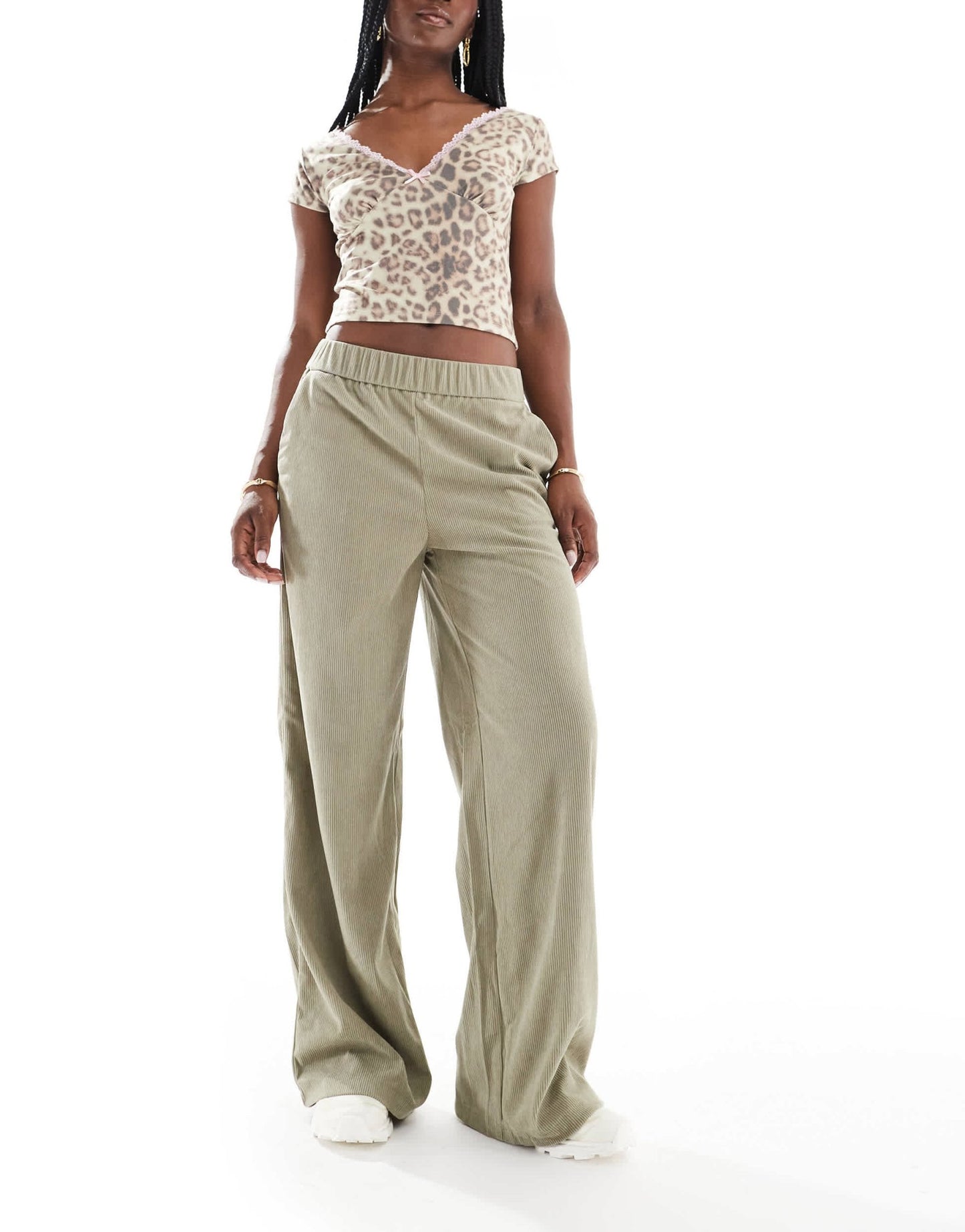 ONLY wide leg pull on cord trouser in sage - ASOS Sample Sale