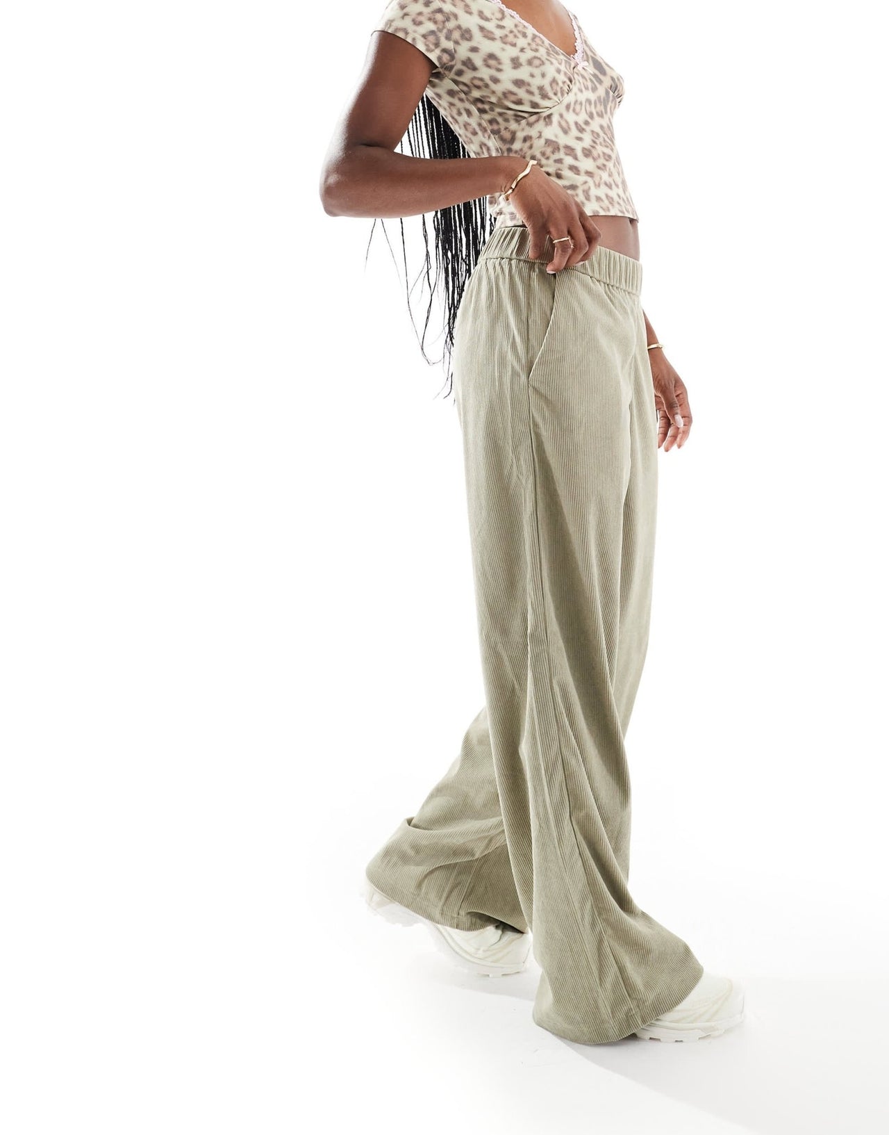 ONLY wide leg pull on cord trouser in sage - ASOS Sample Sale
