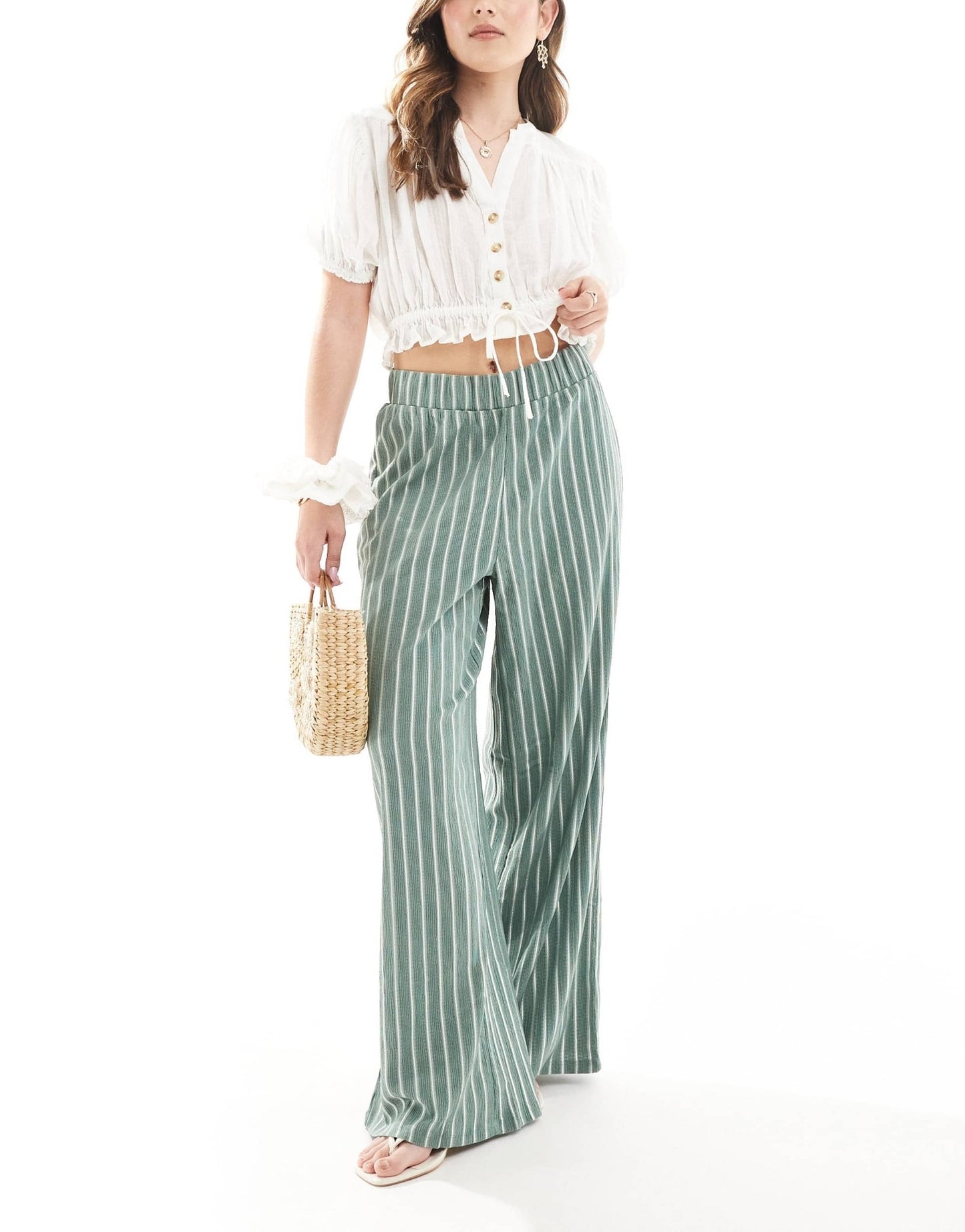 ONLY wide leg textured trouser in green stripe - ASOS Sample Sale