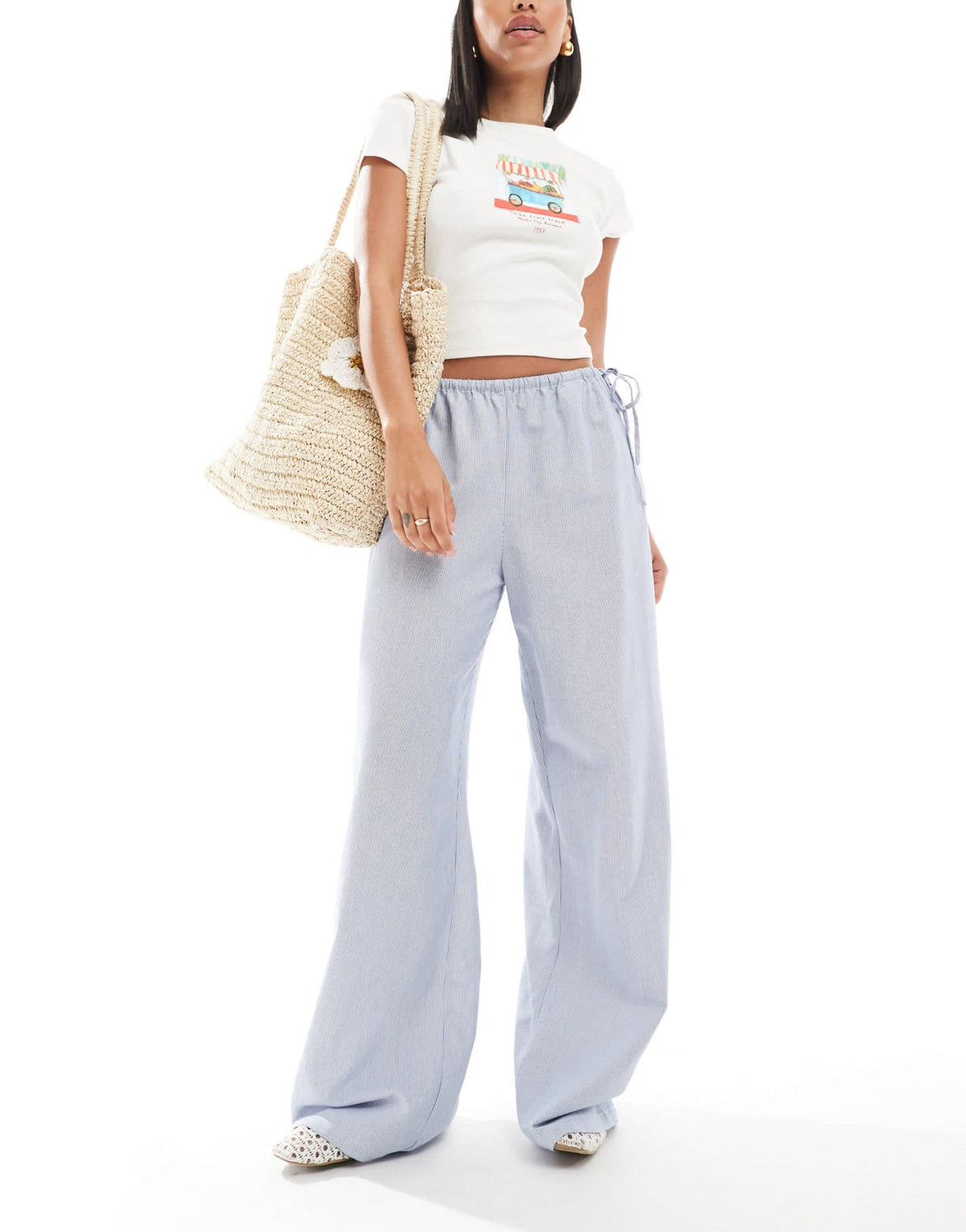 ONLY wide leg tie detail trousers in blue stripes - ASOS Sample Sale