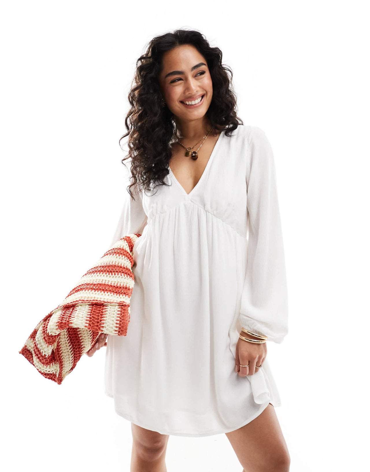 ONLY wide sleeve plisse mini dress in white - ASOS Sample Sale