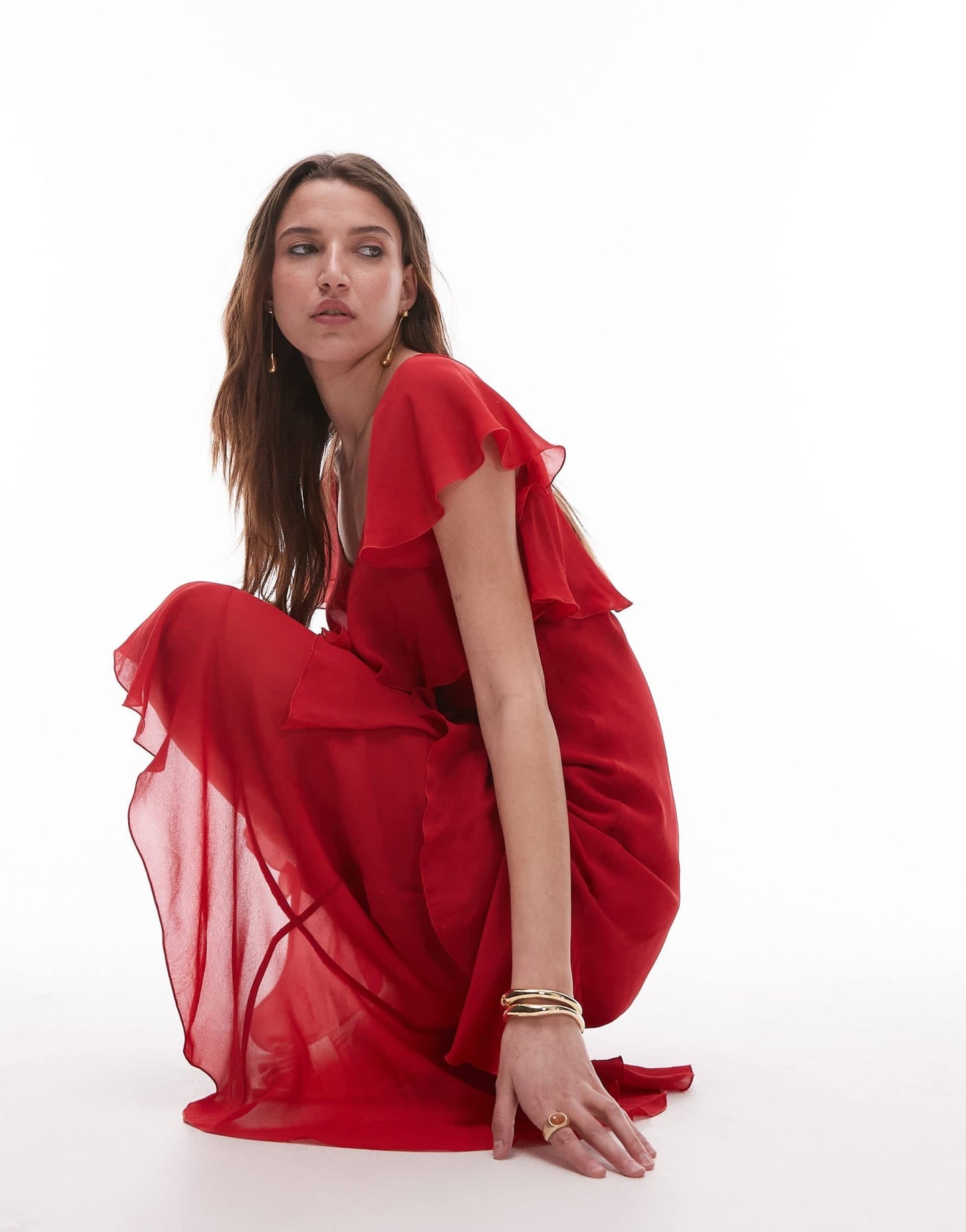 & Other Stories asymmetric midaxi dress with tiered ruffles in red - ASOS Sample Sale