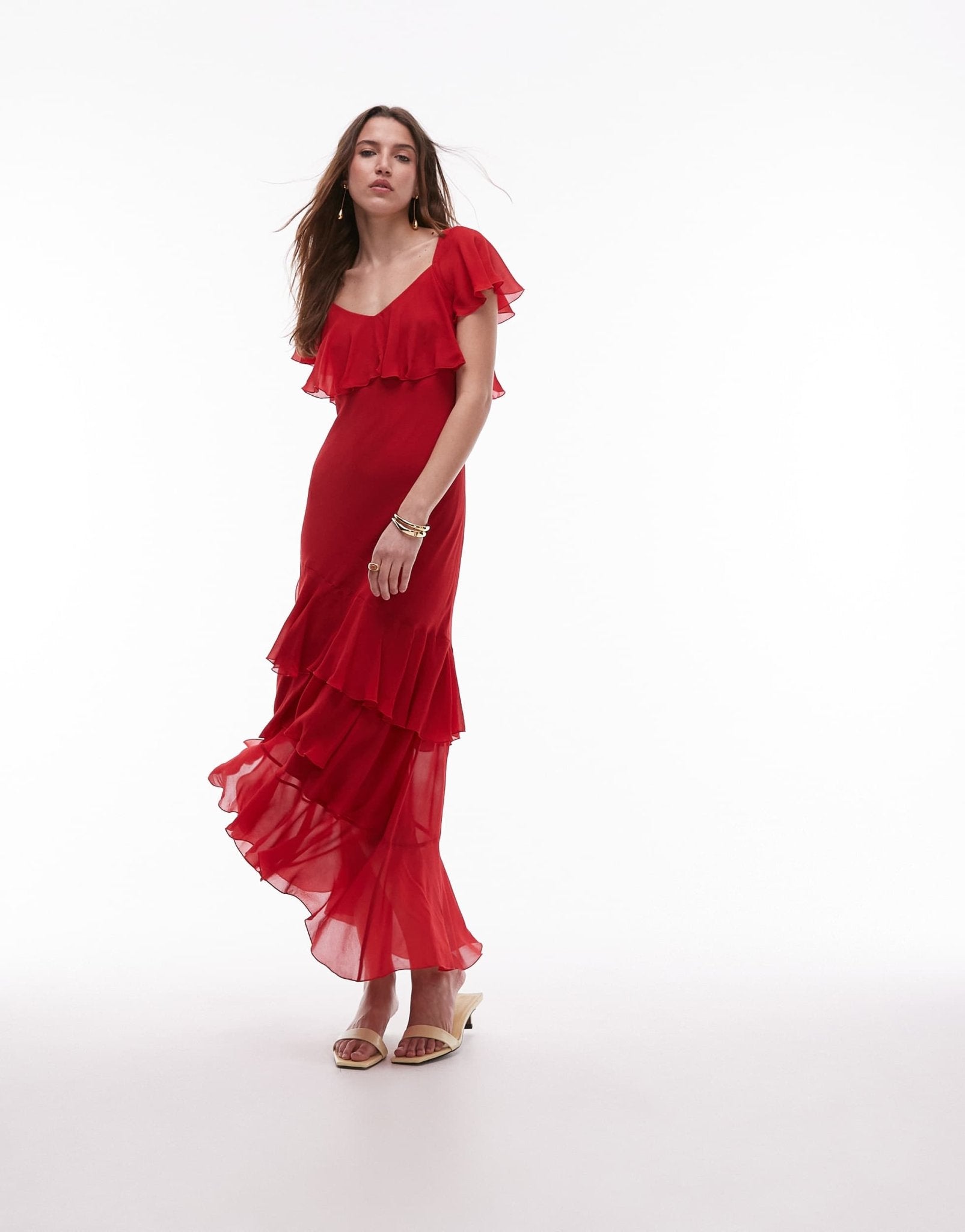 & Other Stories asymmetric midaxi dress with tiered ruffles in red - ASOS Sample Sale