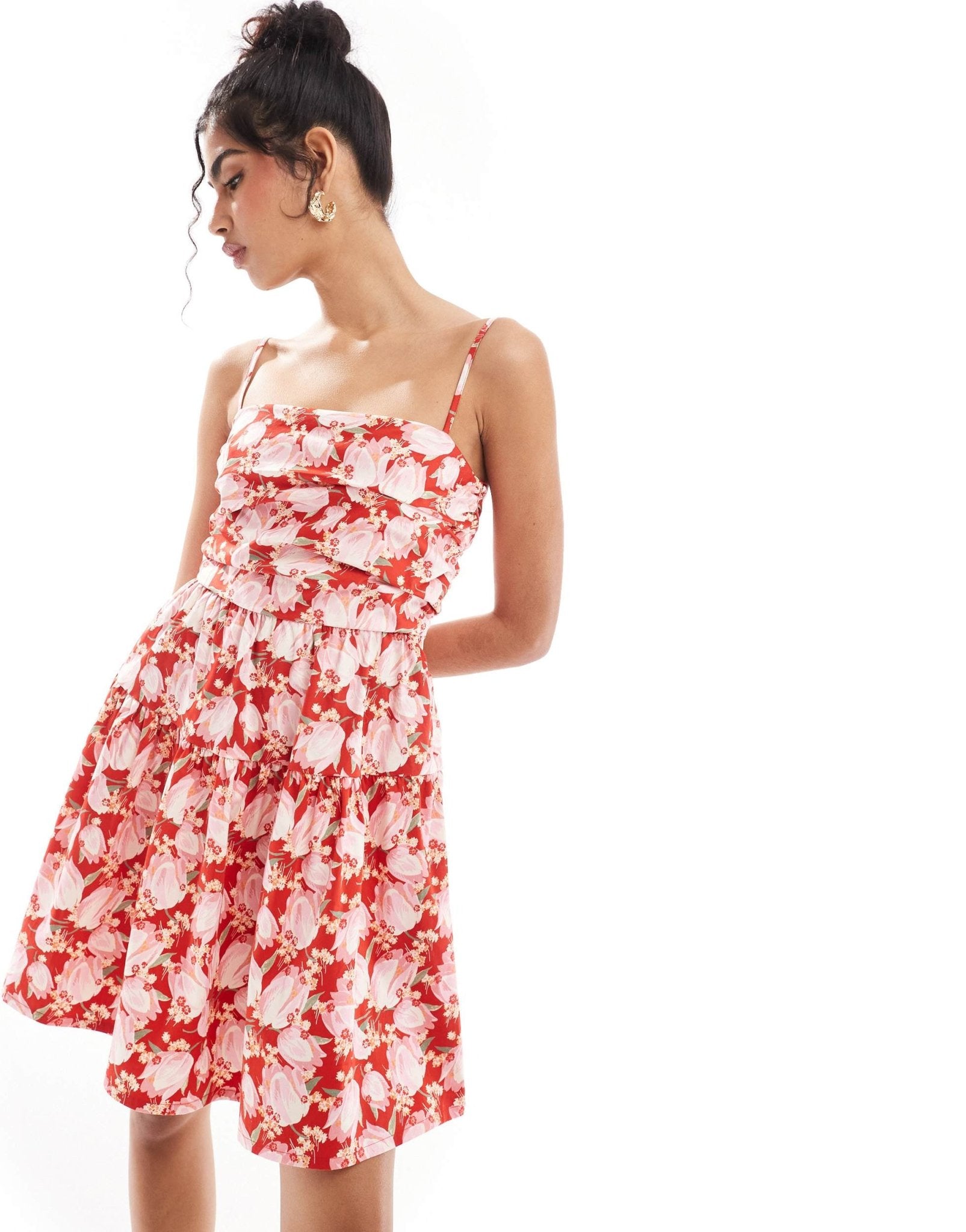 & Other Stories babydoll mini dress with pleated bodice in red floral print - ASOS Sample Sale