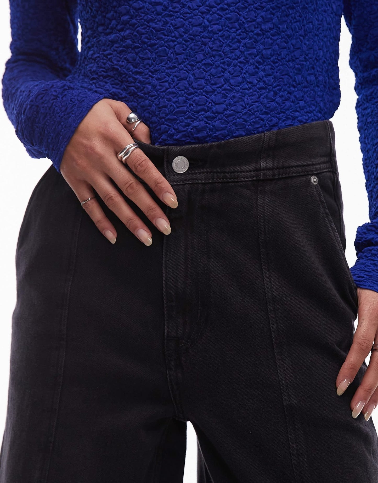 & Other Stories barrel leg jeans with front seam and corset wait seam detail in washed black - ASOS Sample Sale