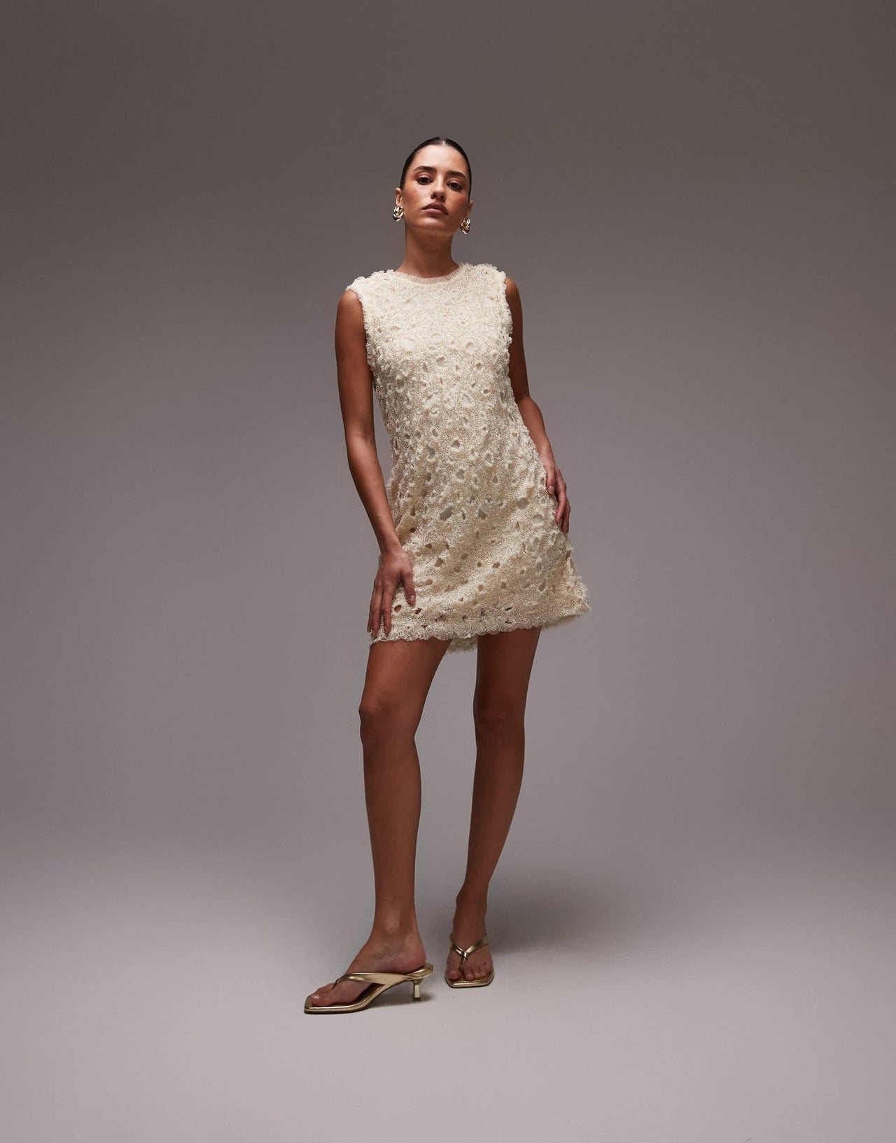 & Other Stories beaded tulle mini dress with cut work detail in cream - ASOS Sample Sale