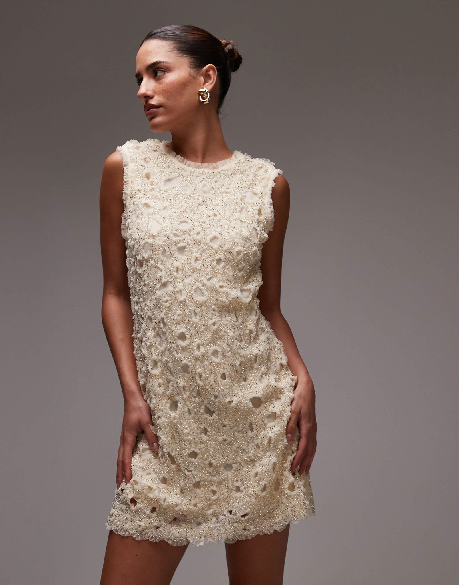 & Other Stories beaded tulle mini dress with cut work detail in cream - ASOS Sample Sale