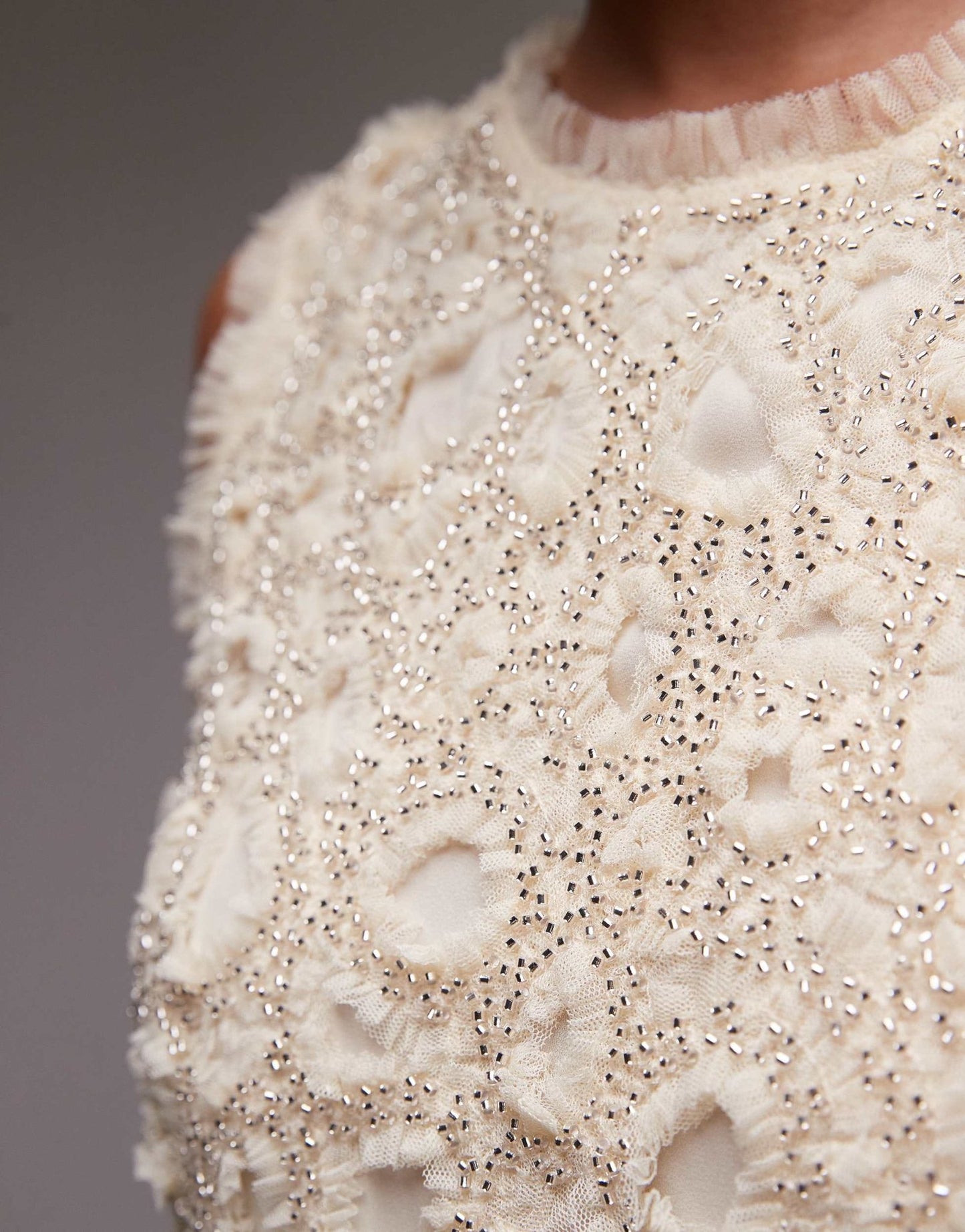 & Other Stories beaded tulle mini dress with cut work detail in cream - ASOS Sample Sale