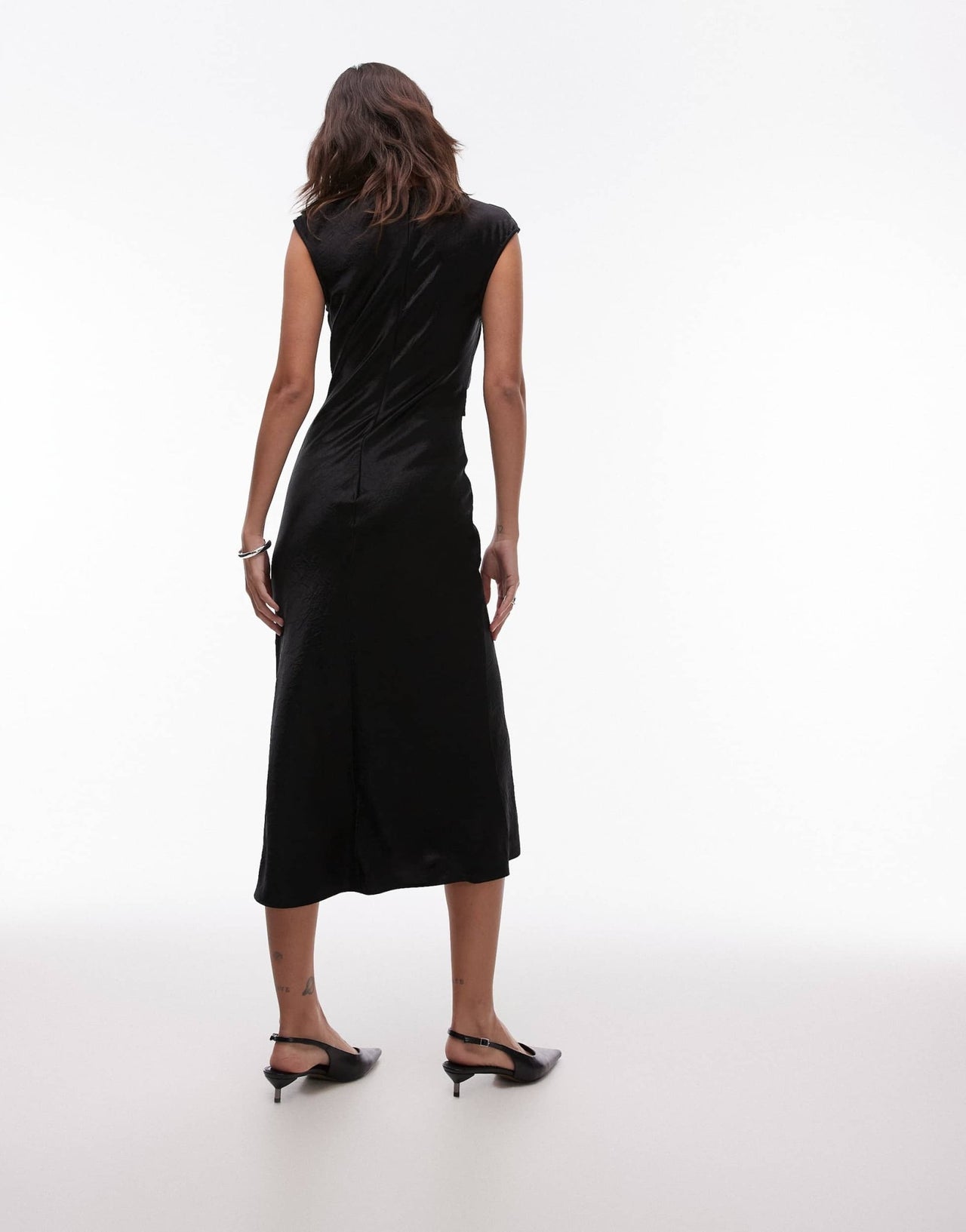 & Other Stories bias cut satin midi dress with drape detail and extended shoulder in black - ASOS Sample Sale