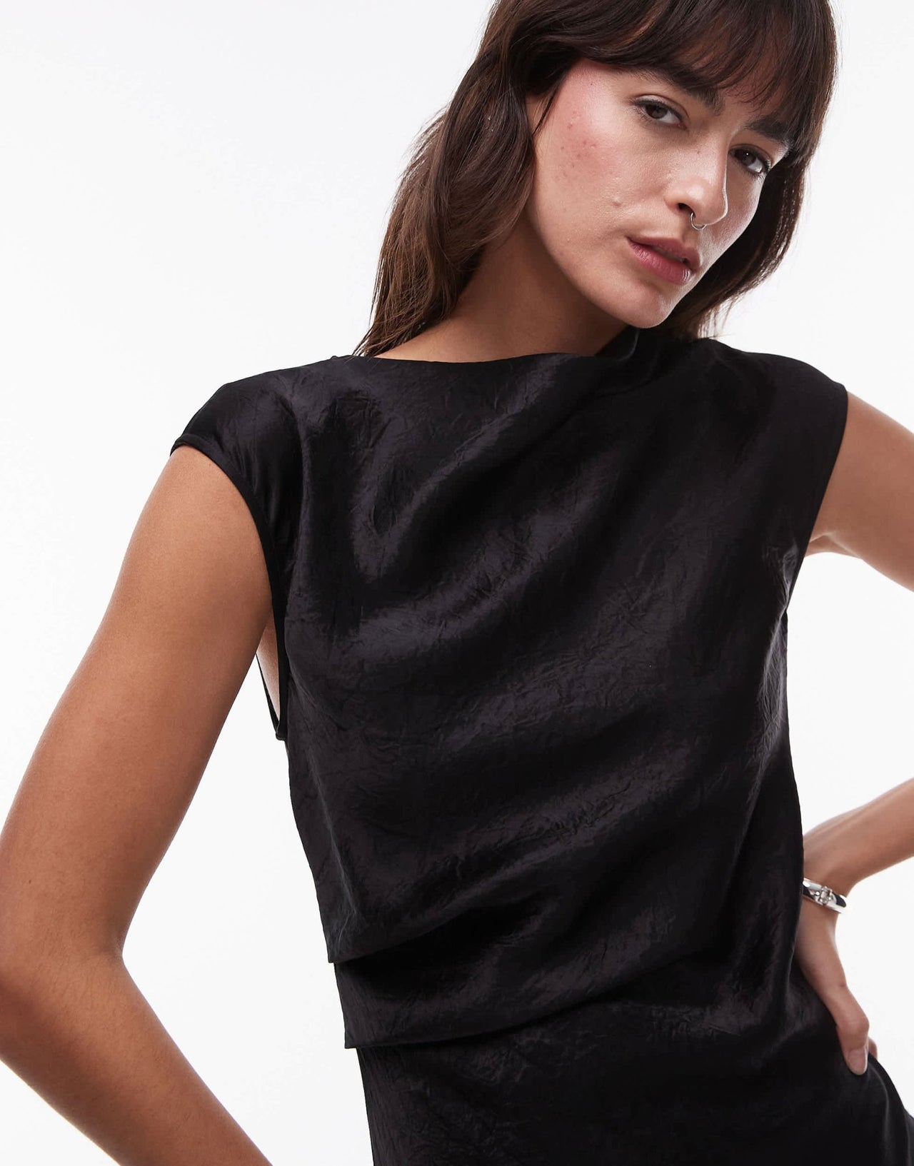 & Other Stories bias cut satin midi dress with drape detail and extended shoulder in black - ASOS Sample Sale