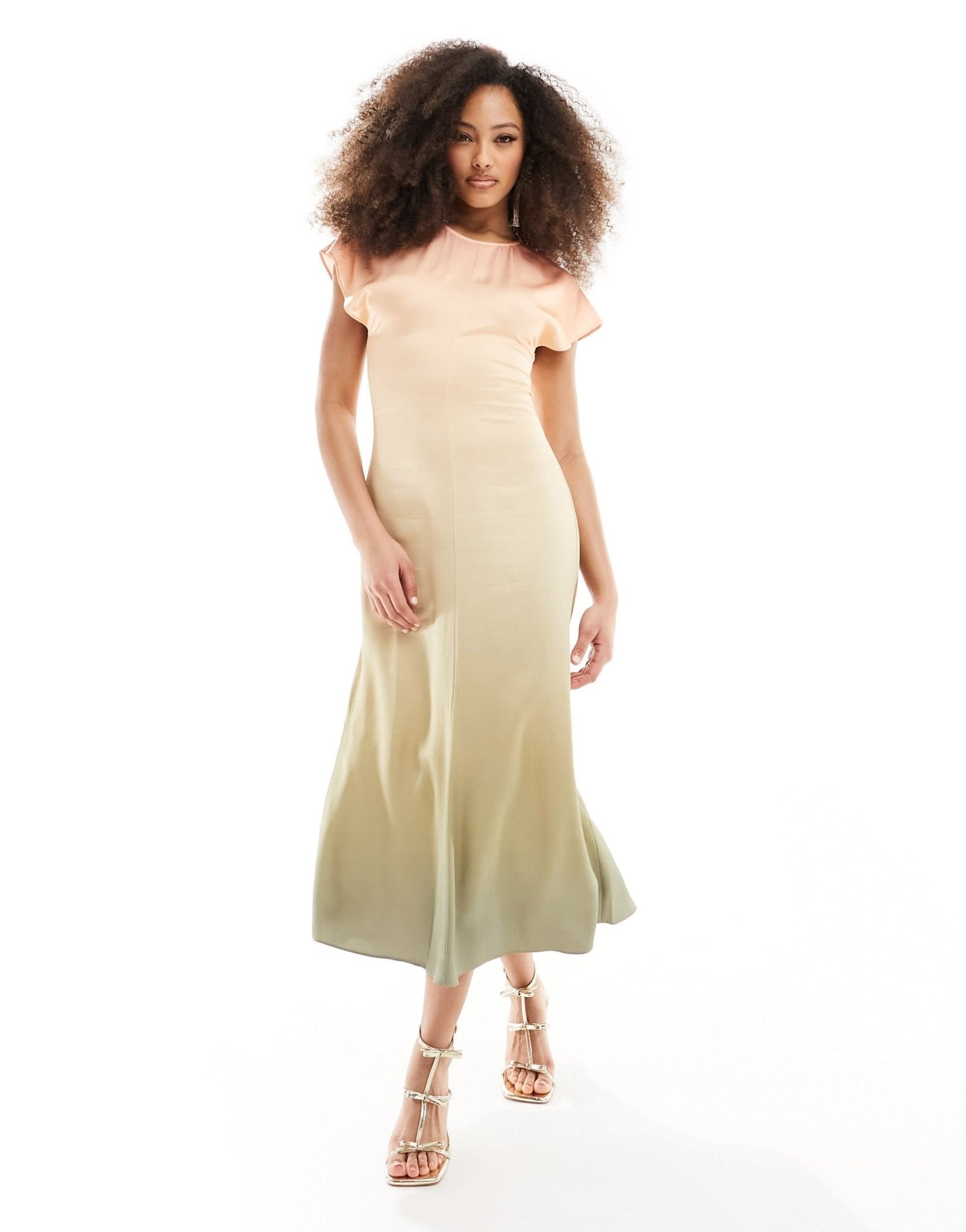 & Other Stories bias cut satin midi dress with extended shoulder in green ombre - ASOS Sample Sale