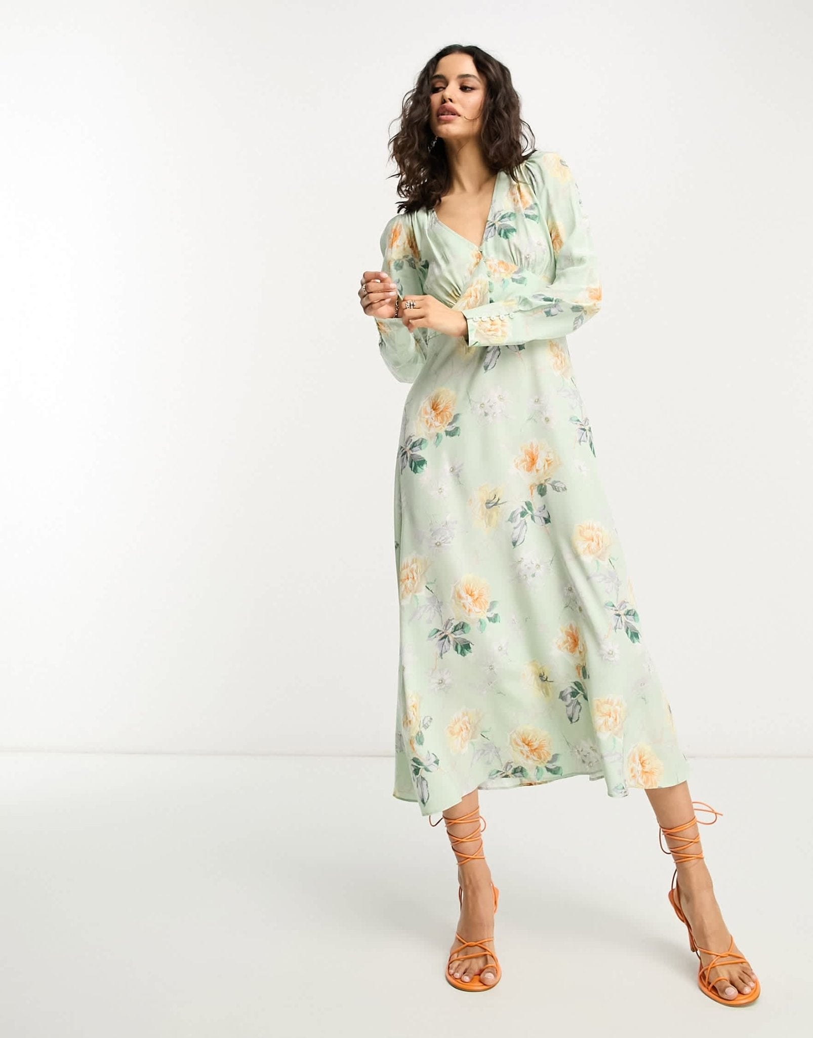 & Other Stories button detail midi dress in green floral - ASOS Sample Sale