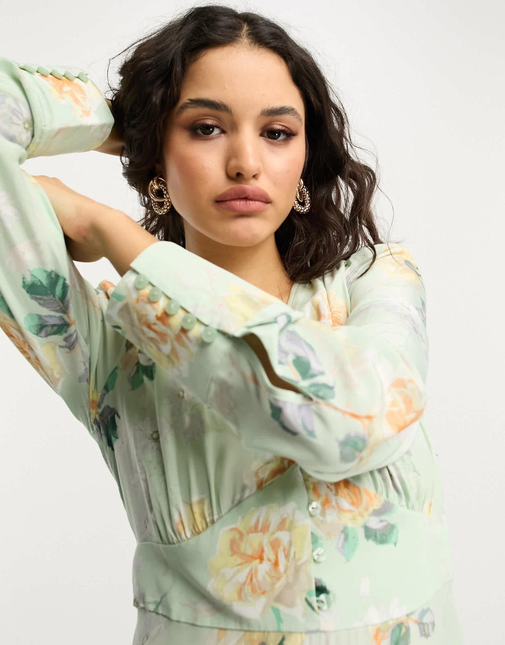 & Other Stories button detail midi dress in green floral - ASOS Sample Sale