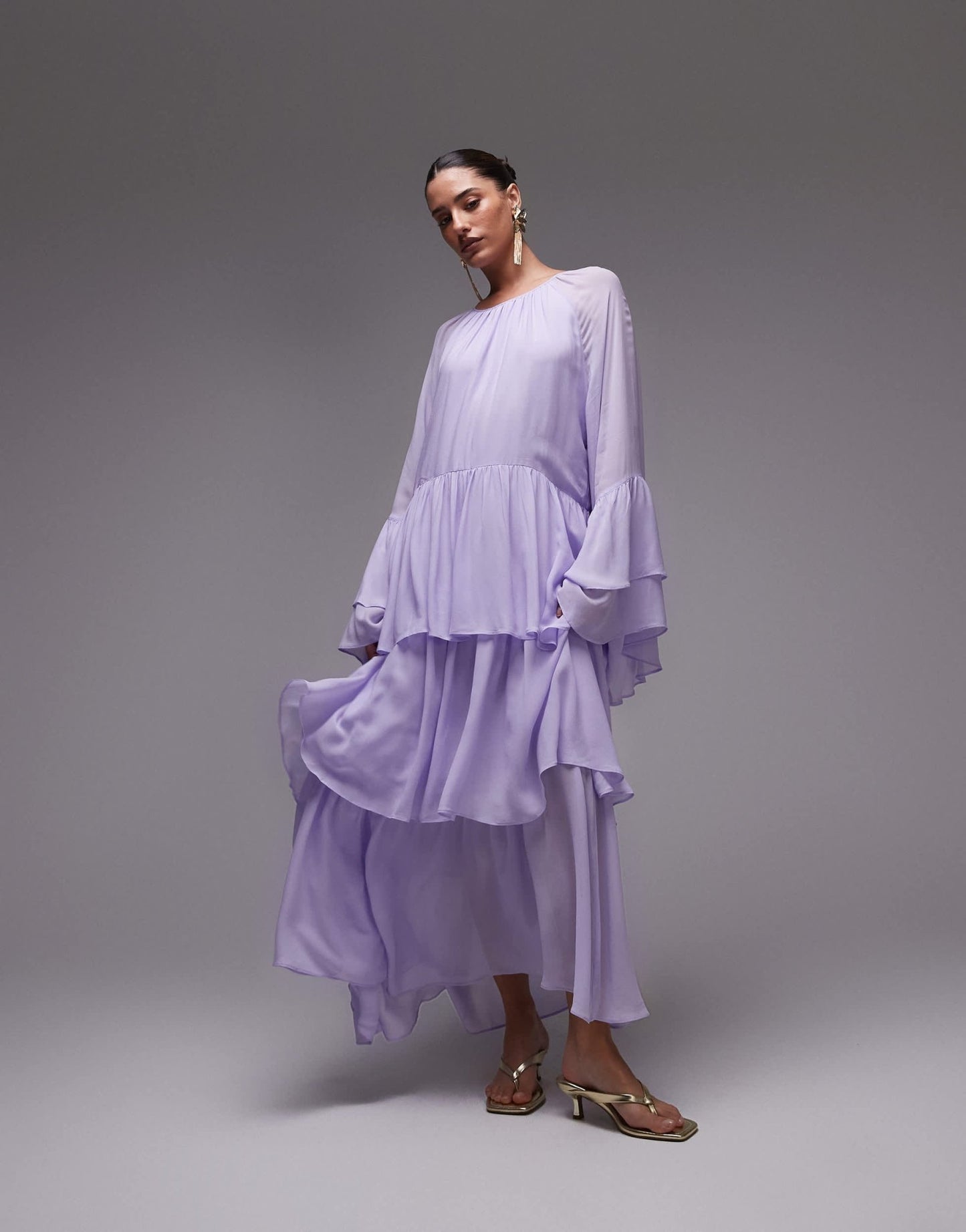 & Other Stories chiffon maxi dress with ruffles and tiered volume hem in lilac - ASOS Sample Sale
