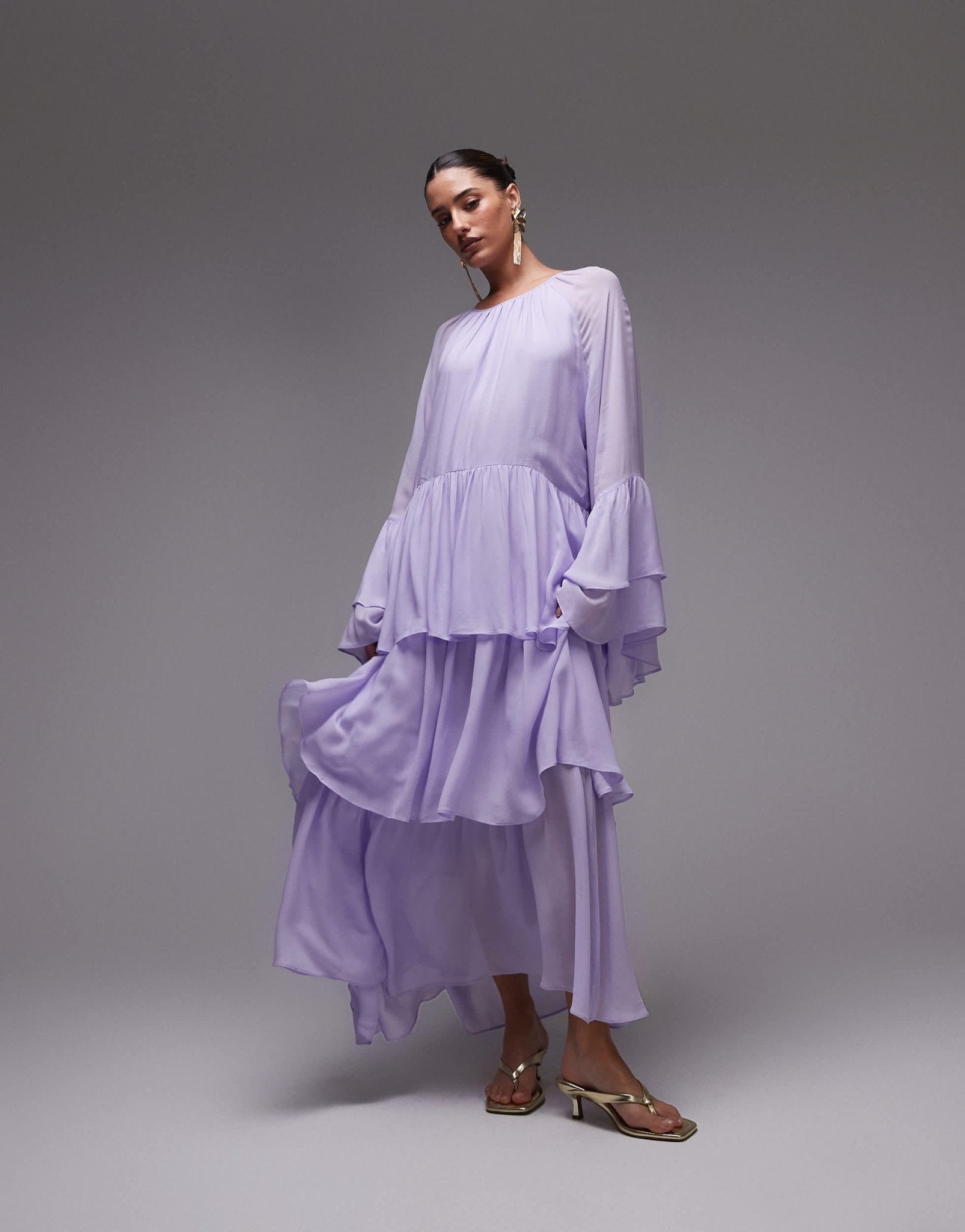 & Other Stories chiffon maxi dress with ruffles and tiered volume hem in lilac - ASOS Sample Sale