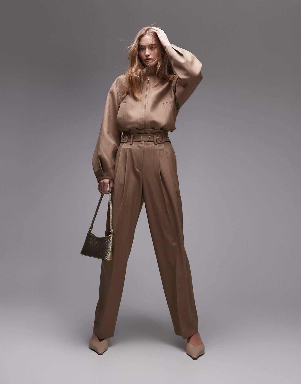 & Other Stories co - ord lux belted trousers in beige stripes - ASOS Sample Sale