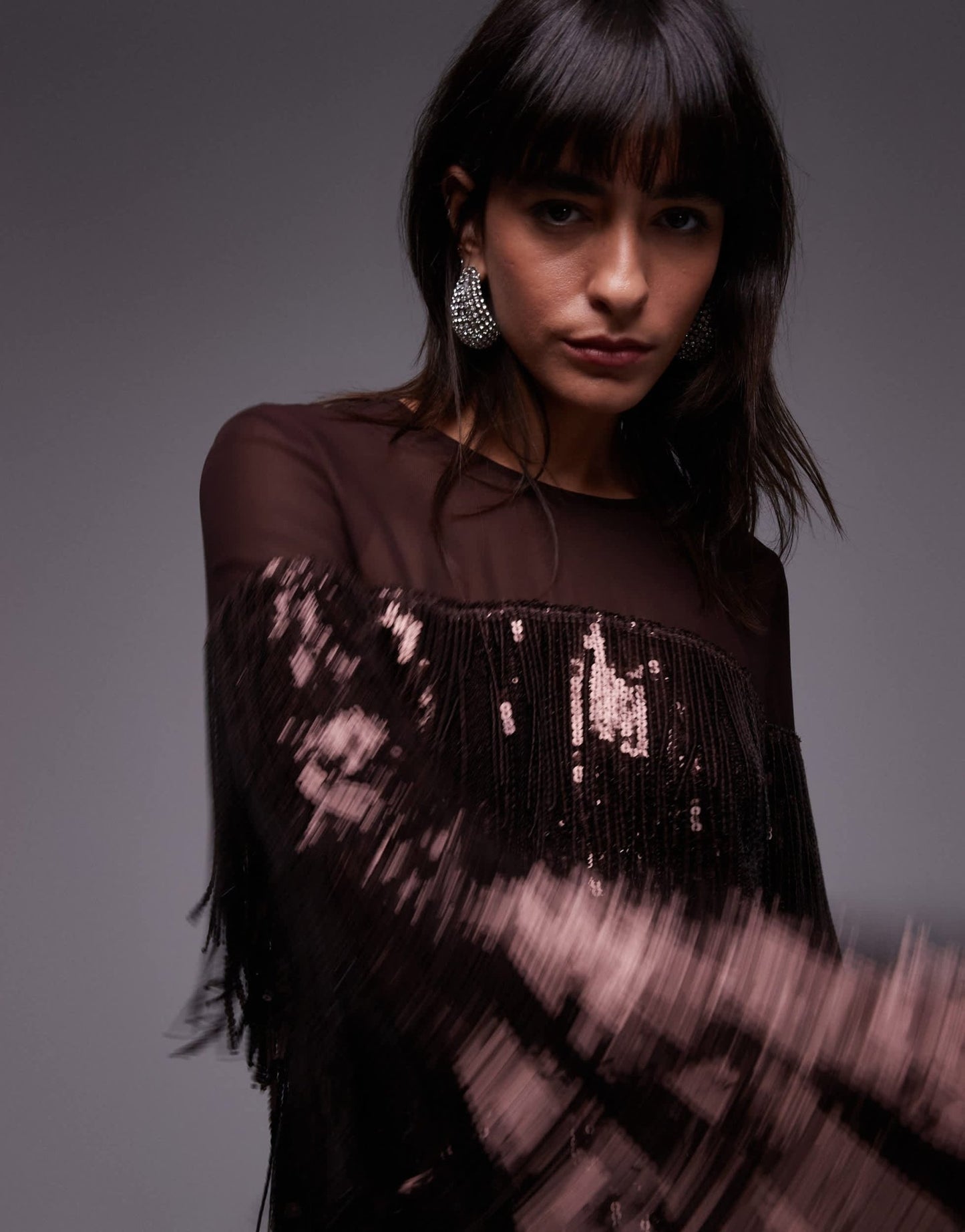 & Other Stories co-ord tassel fringe sequins top with sheer panels in wine - ASOS Sample Sale