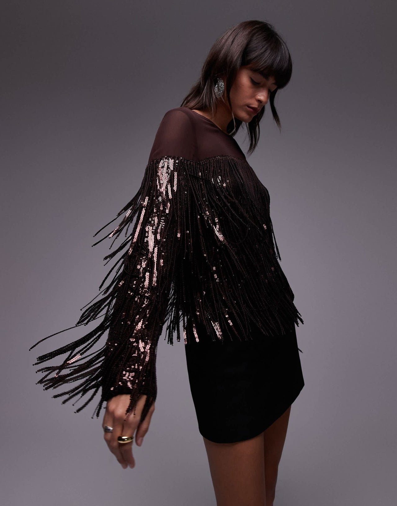 & Other Stories co-ord tassel fringe sequins top with sheer panels in wine - ASOS Sample Sale