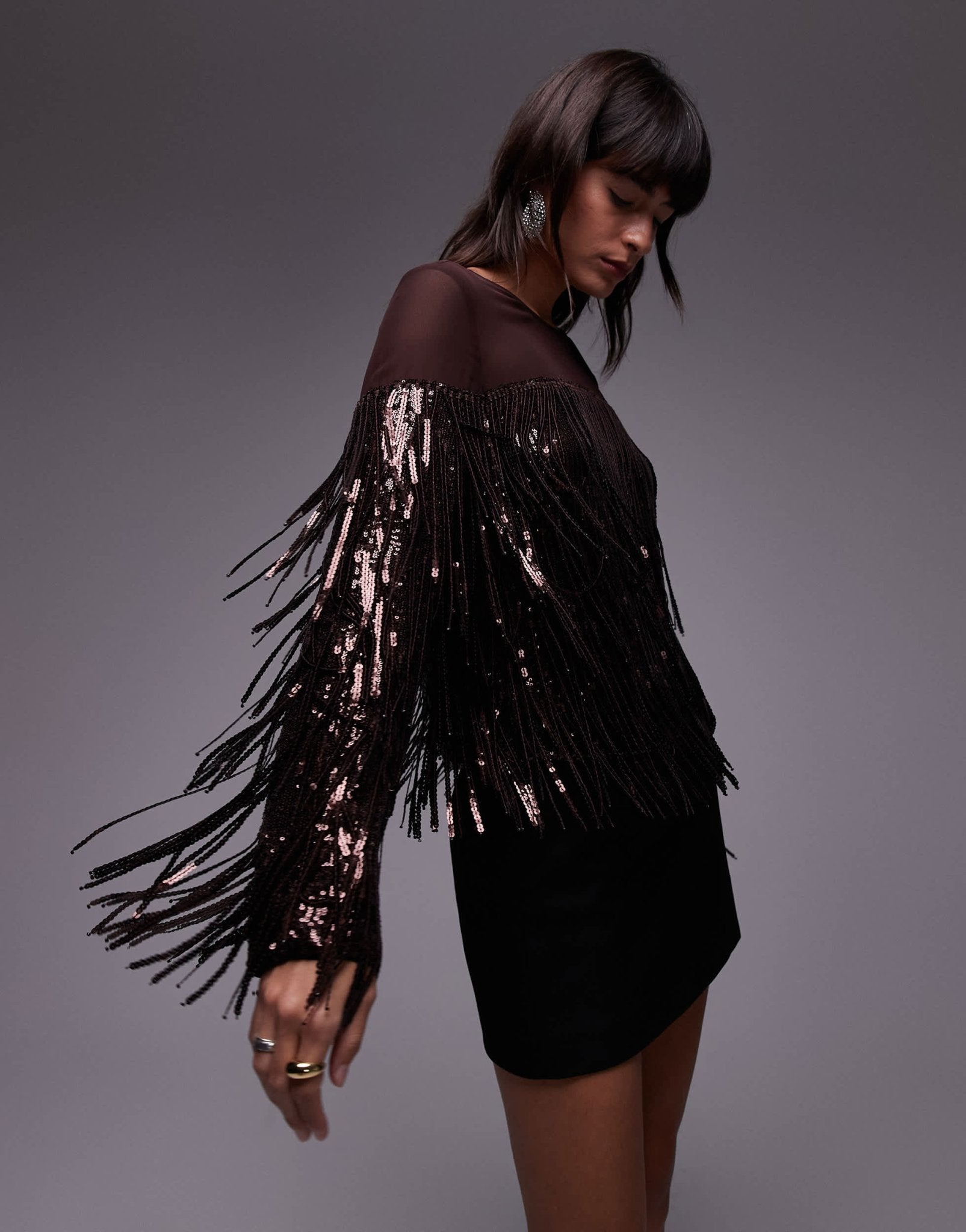 & Other Stories co-ord tassel fringe sequins top with sheer panels in wine - ASOS Sample Sale