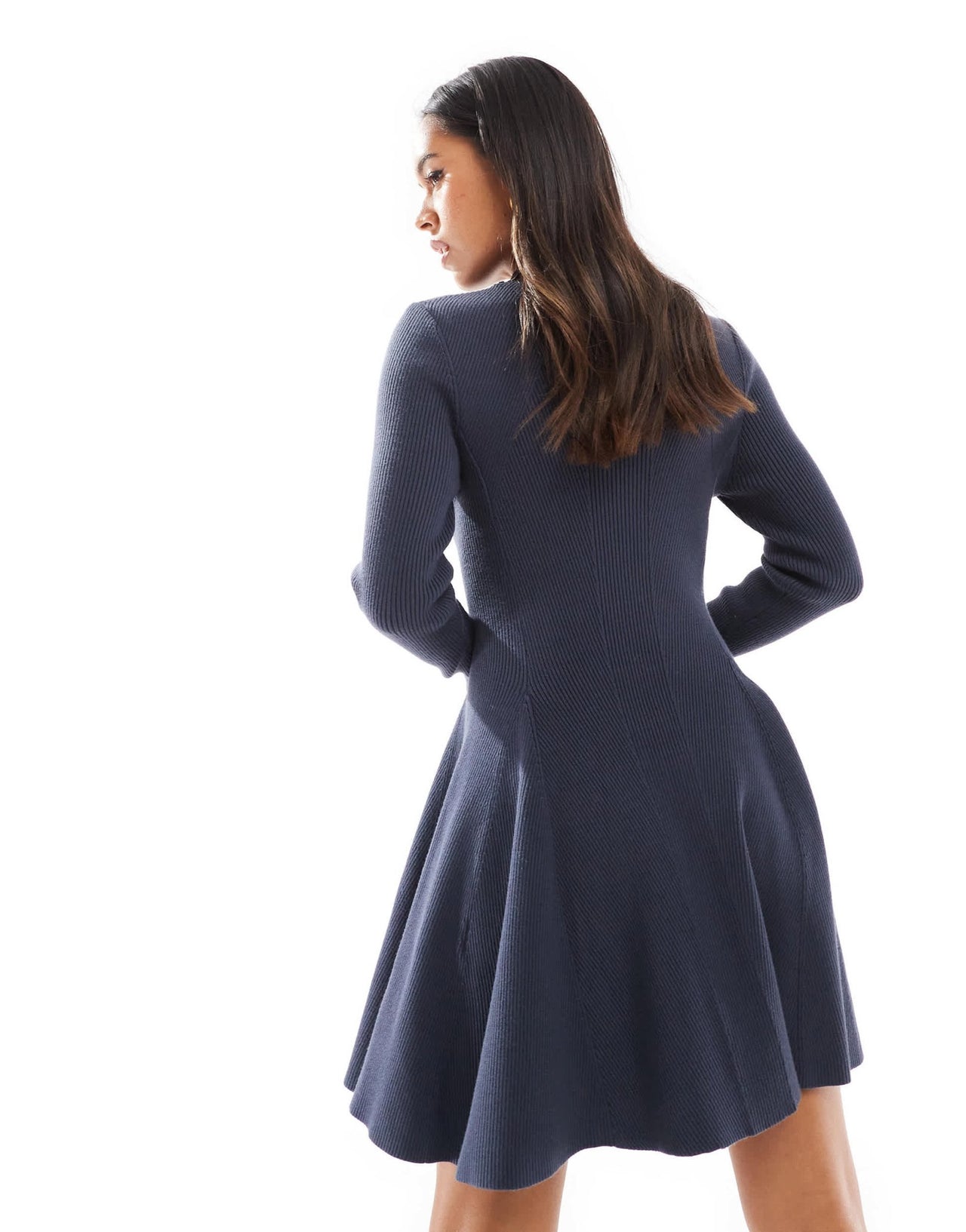 & Other Stories contoured rib knitted mini dress with flared hem in dark blue - ASOS Sample Sale