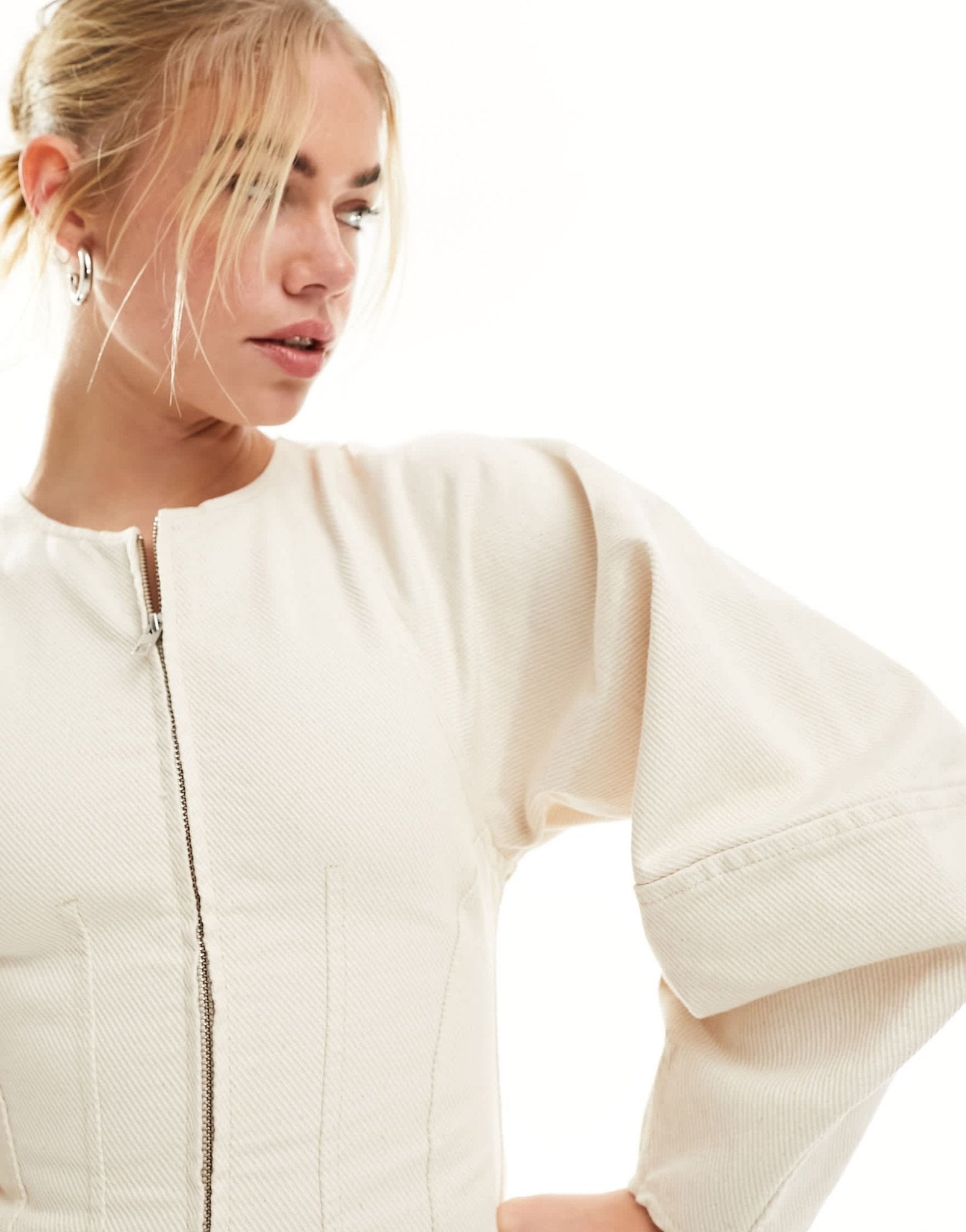 & Other Stories corset waist mini dress with zip front and sculptural sleeves in beige - ASOS Sample Sale
