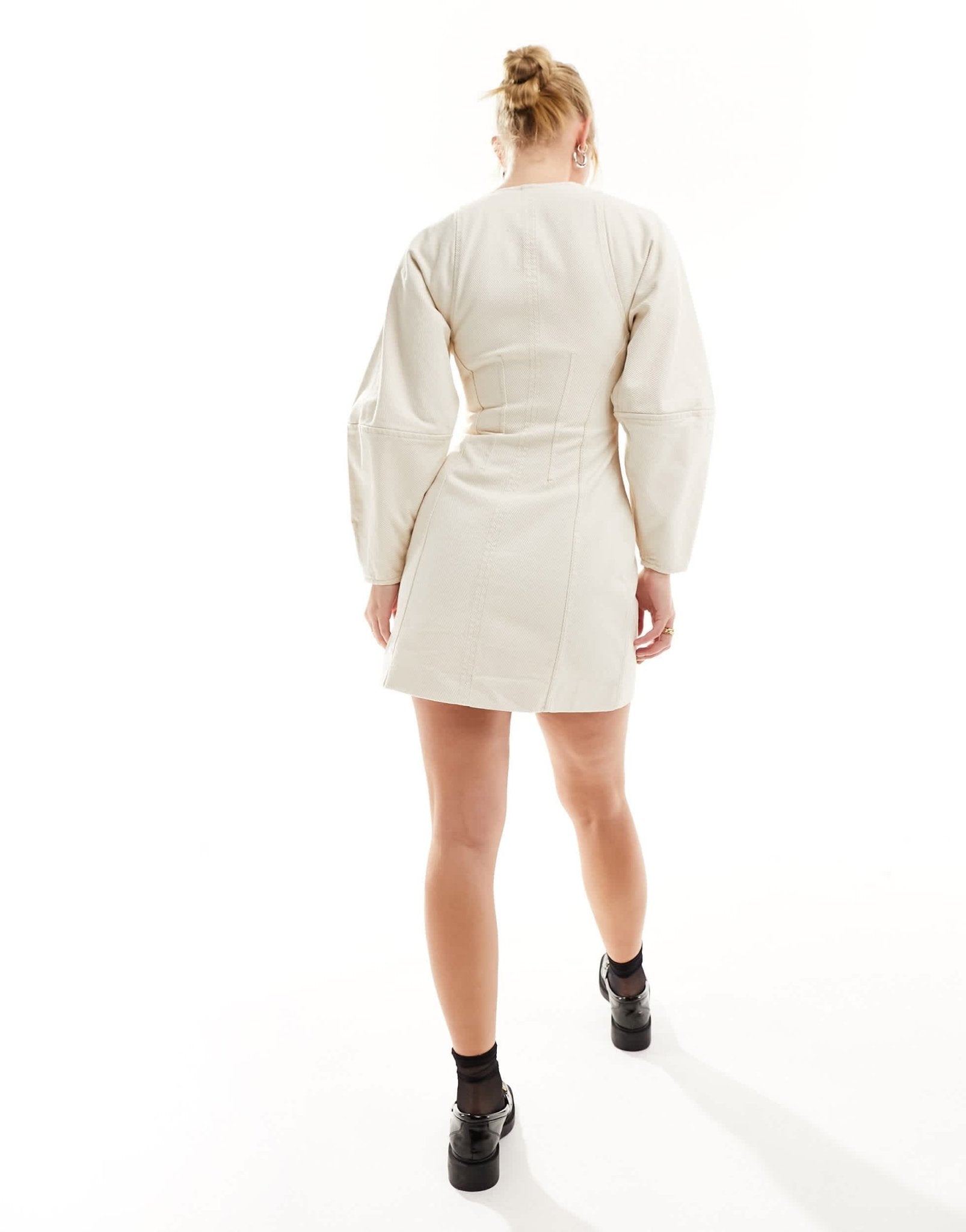 & Other Stories corset waist mini dress with zip front and sculptural sleeves in beige - ASOS Sample Sale