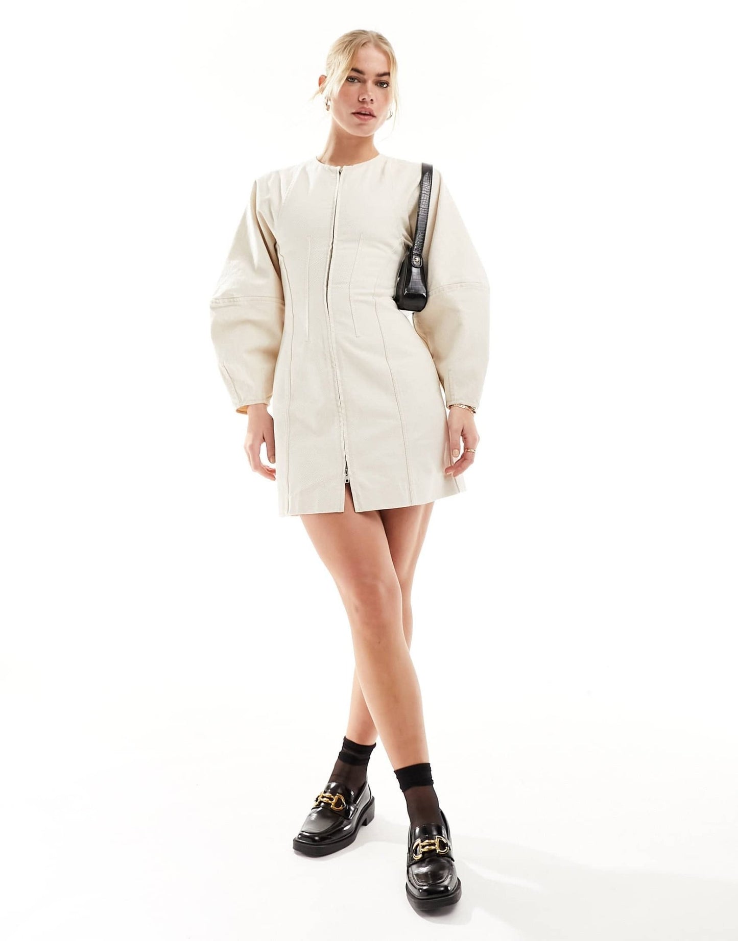 & Other Stories corset waist mini dress with zip front and sculptural sleeves in beige - ASOS Sample Sale