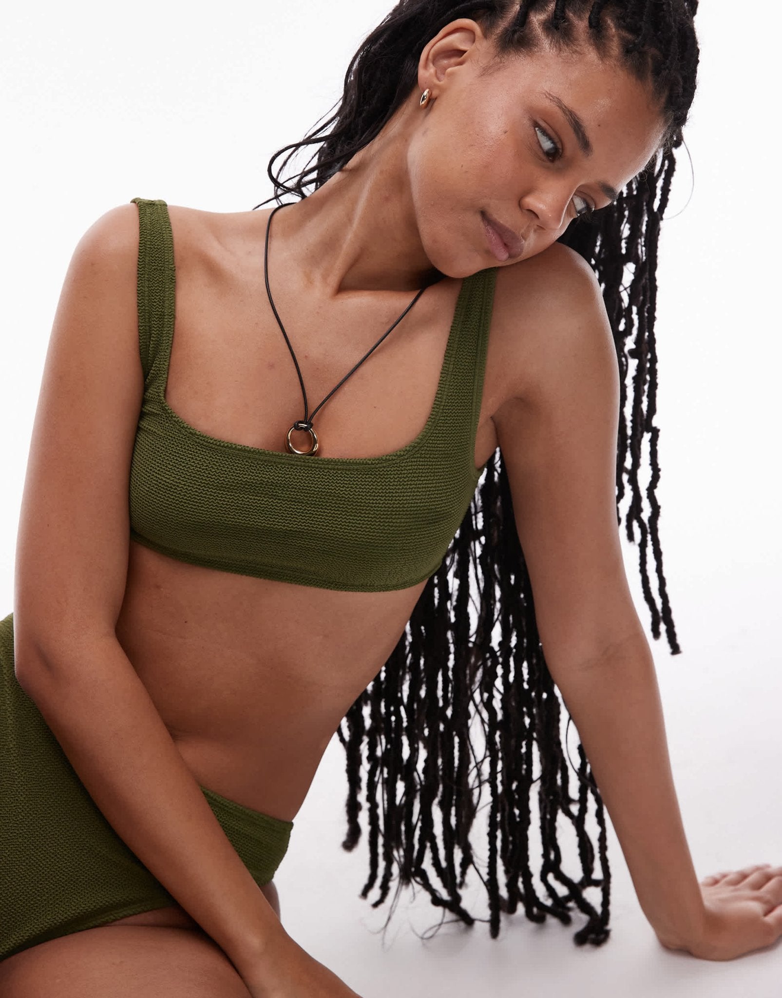 & Other Stories crinkle scoop front bikini top with low back in khaki green - ASOS Sample Sale