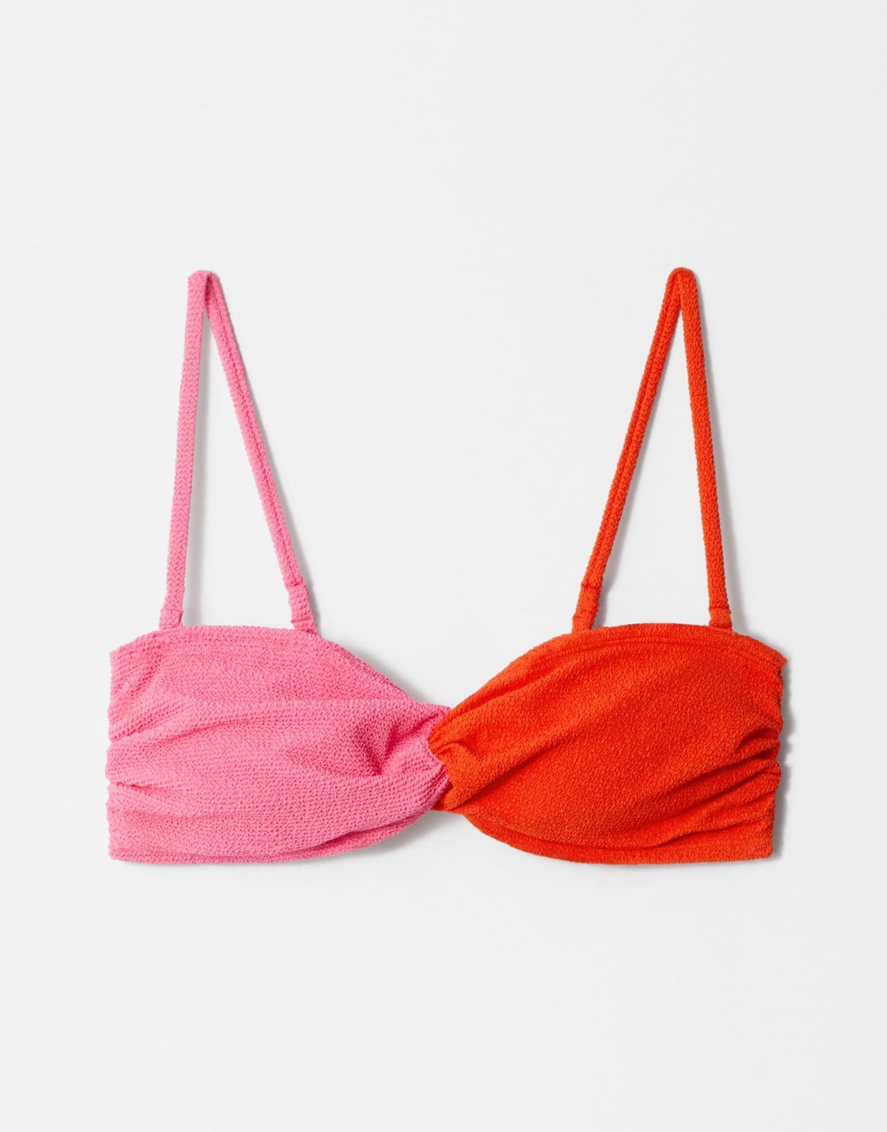 & Other Stories crinkle twist knot bikini top with removeable padding in colour block pink and orange - ASOS Sample Sale
