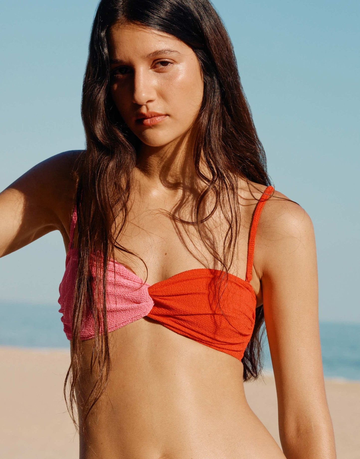& Other Stories crinkle twist knot bikini top with removeable padding in colour block pink and orange - ASOS Sample Sale