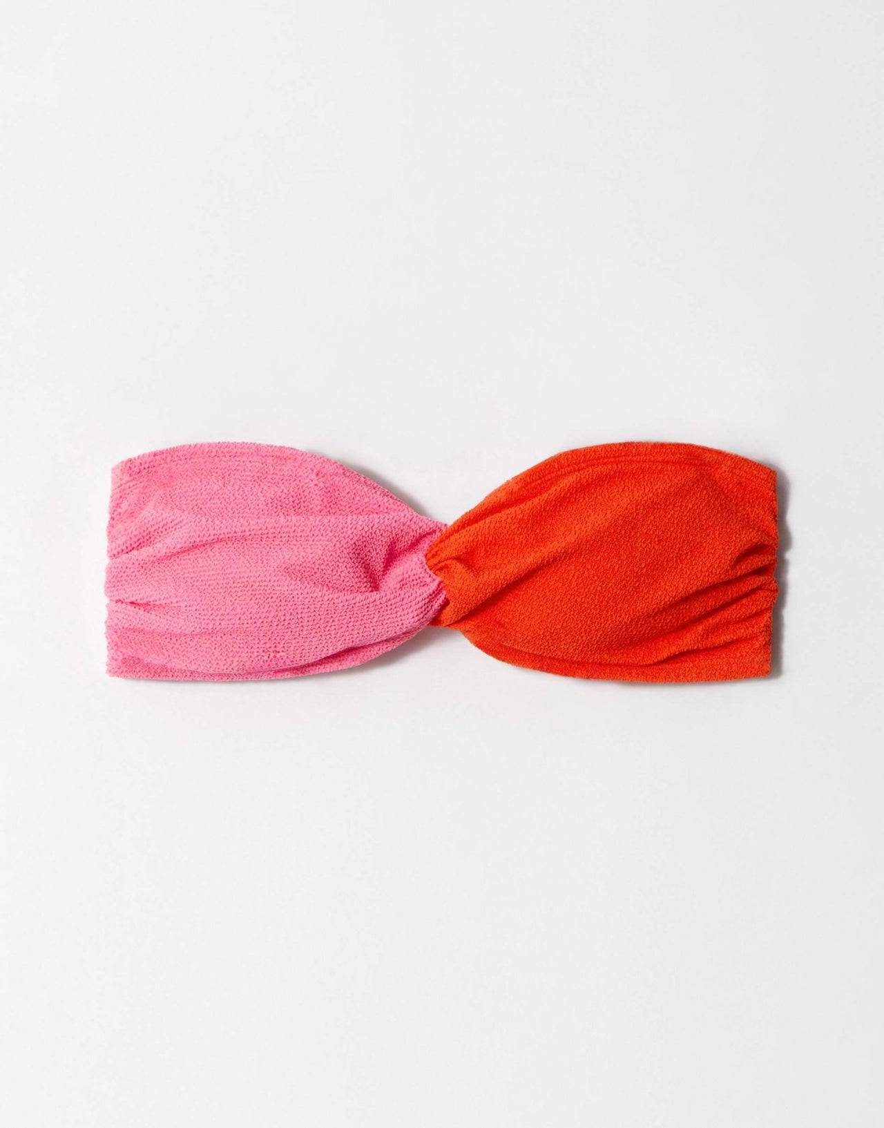 & Other Stories crinkle twist knot bikini top with removeable padding in colour block pink and orange - ASOS Sample Sale