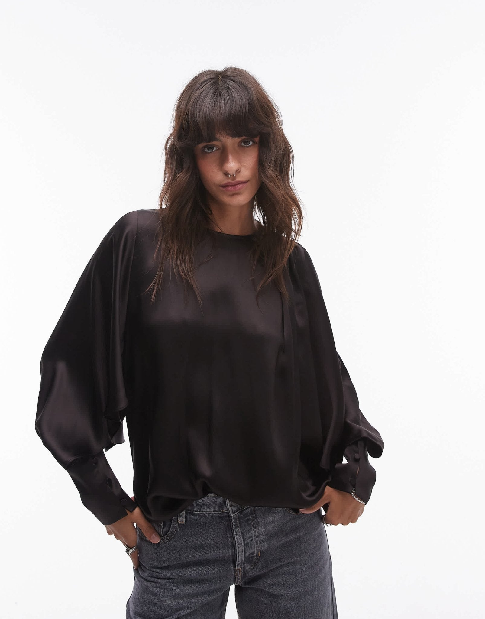 & Other Stories drape detail blouse with volume sleeves in dark brown - ASOS Sample Sale
