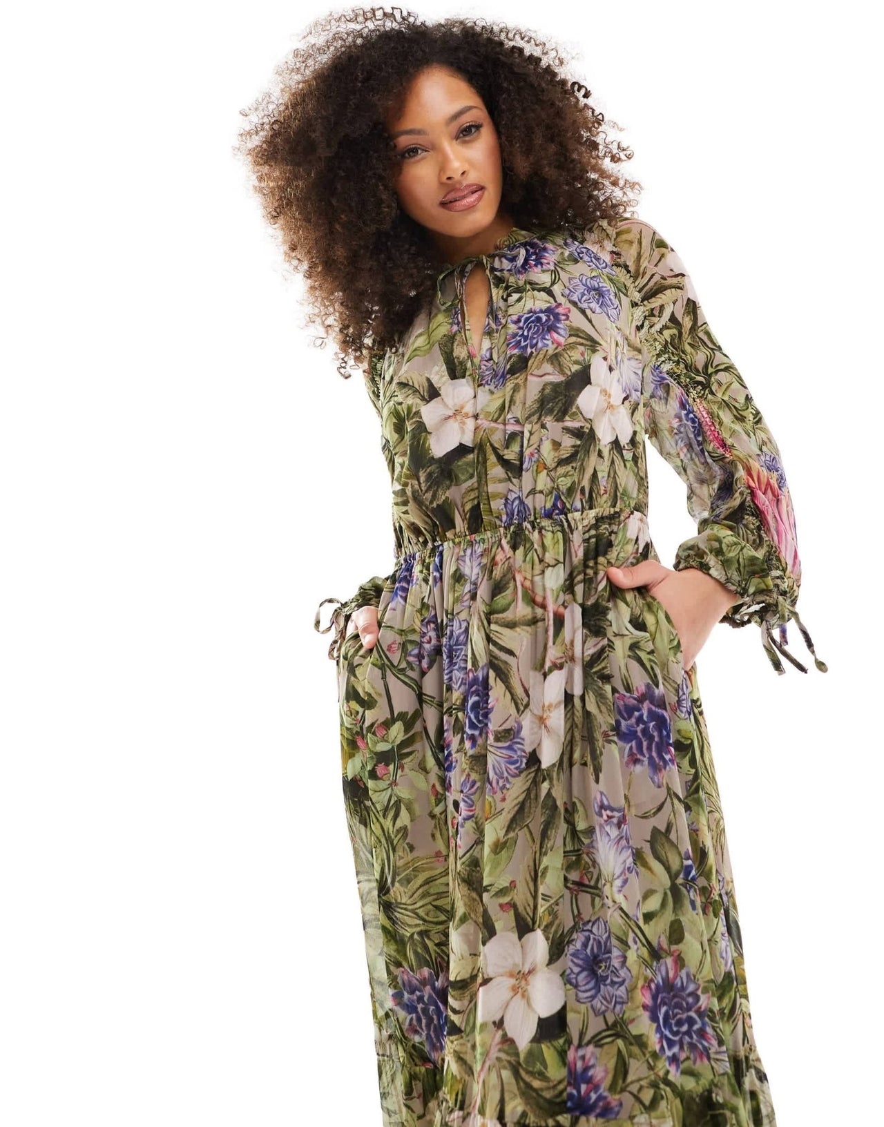 & Other Stories drapey midaxi dress with ruche tie volume sleeves and tiered hem in floral leaf print - ASOS Sample Sale