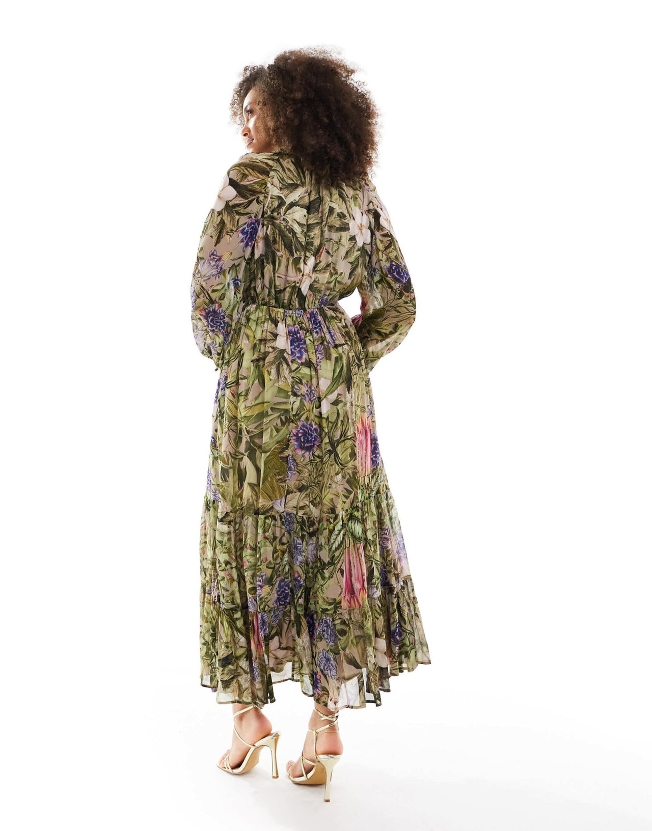 & Other Stories drapey midaxi dress with ruche tie volume sleeves and tiered hem in floral leaf print - ASOS Sample Sale