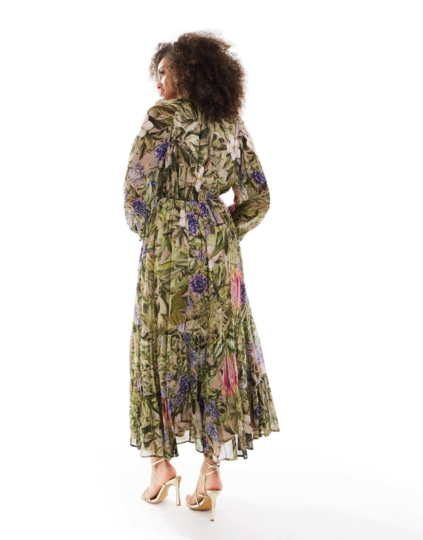 & Other Stories drapey midaxi dress with ruche tie volume sleeves and tiered hem in floral leaf print - ASOS Sample Sale
