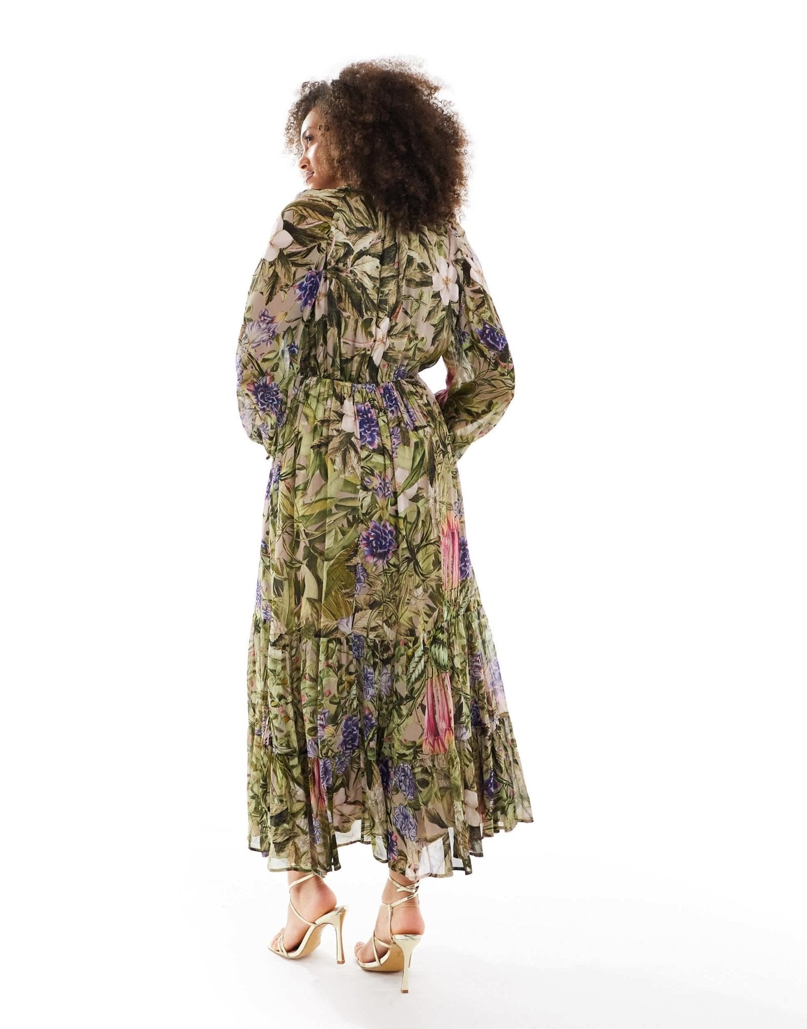 & Other Stories drapey midaxi dress with ruche tie volume sleeves and tiered hem in floral leaf print - ASOS Sample Sale