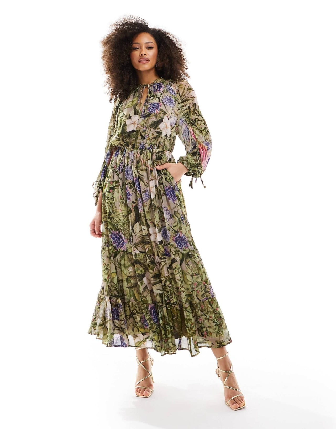& Other Stories drapey midaxi dress with ruche tie volume sleeves and tiered hem in floral leaf print - ASOS Sample Sale